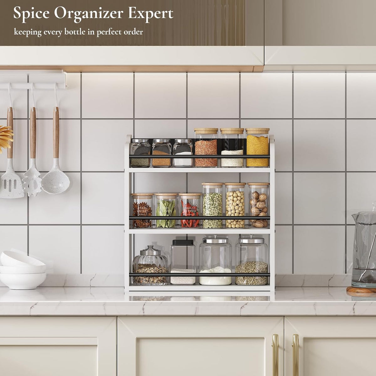 3 Tier Wooden Spice Rack, Seasoning Jars Rack Shelf Spice Organizer for Countertop or Wall Mount