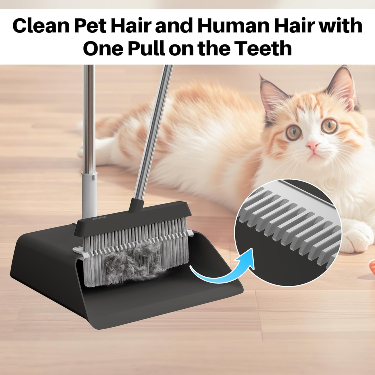 JOYMOOP Black Broom and Dustpan Set, Upright Angle Design with Built-in Comb Teeth for Home