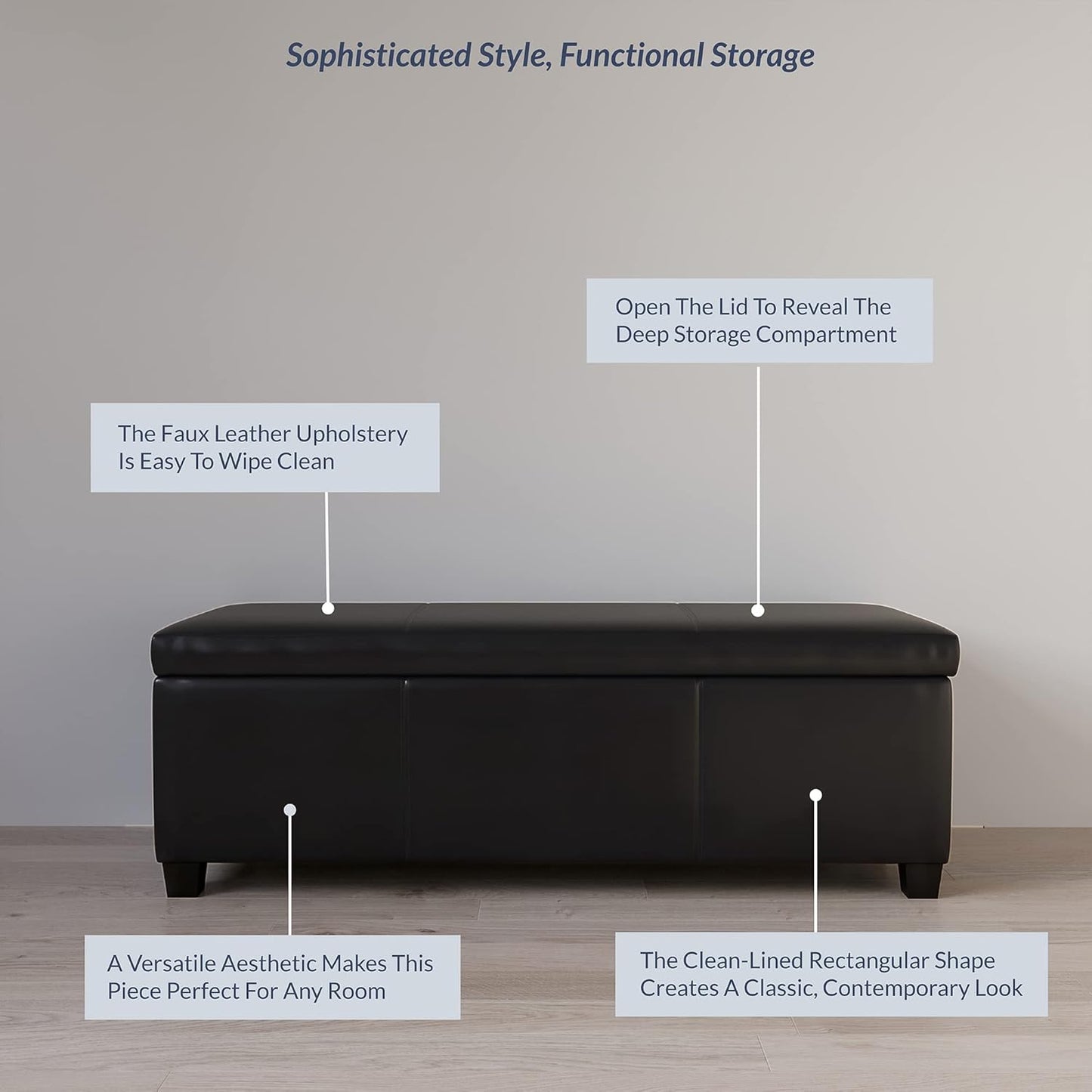 BELLEZE Storage Faux Leather Ottoman, 47 Inch Bench Bedroom Bench with Safety Close Hinge, Extra