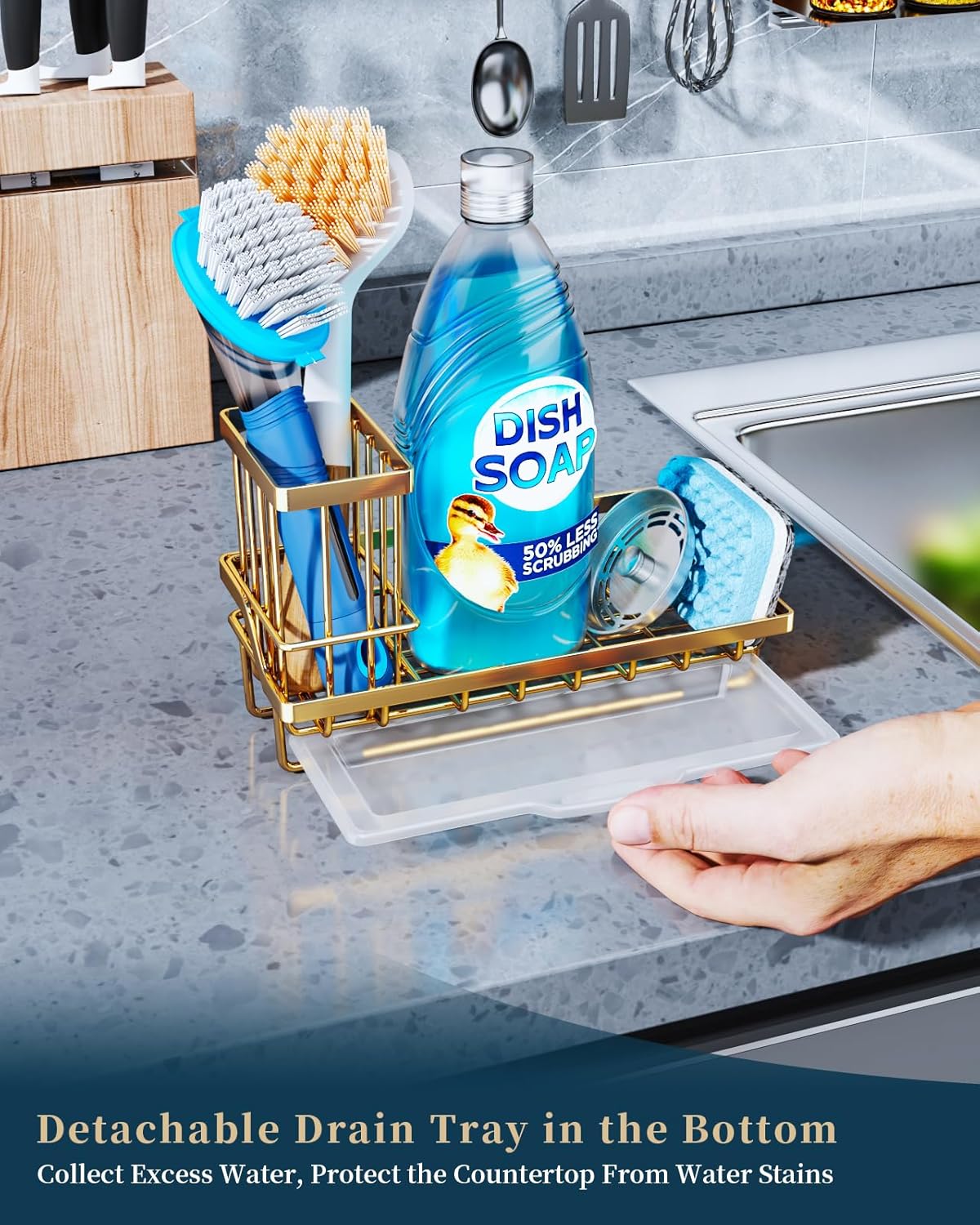 Consumest Sink Caddy, Kitchen Sponge Holder with Dish Brush Holder, Kitchen Sink Organizer with