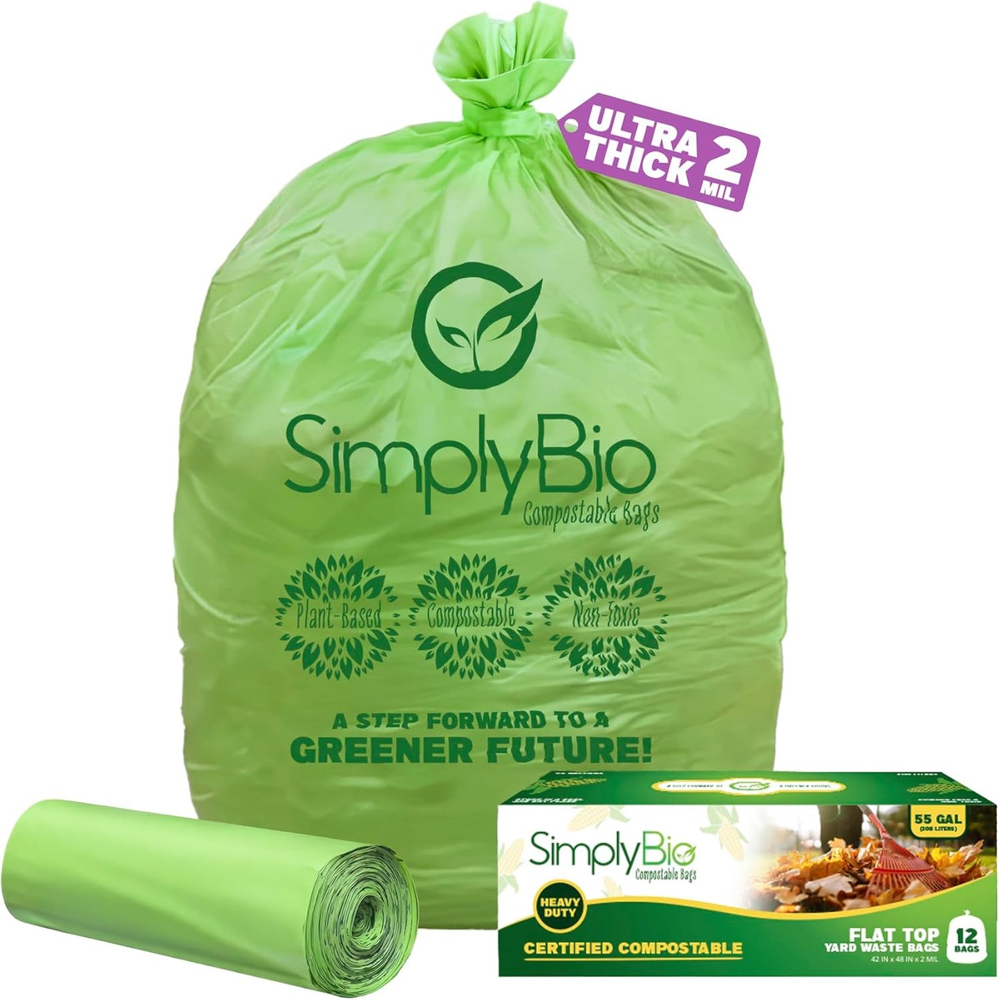 Simply Bio 50-55 Gallon Compostable Trash Bags Liners Flat-Top, Heavy Duty Extra Thick 2 Mil, 208.2
