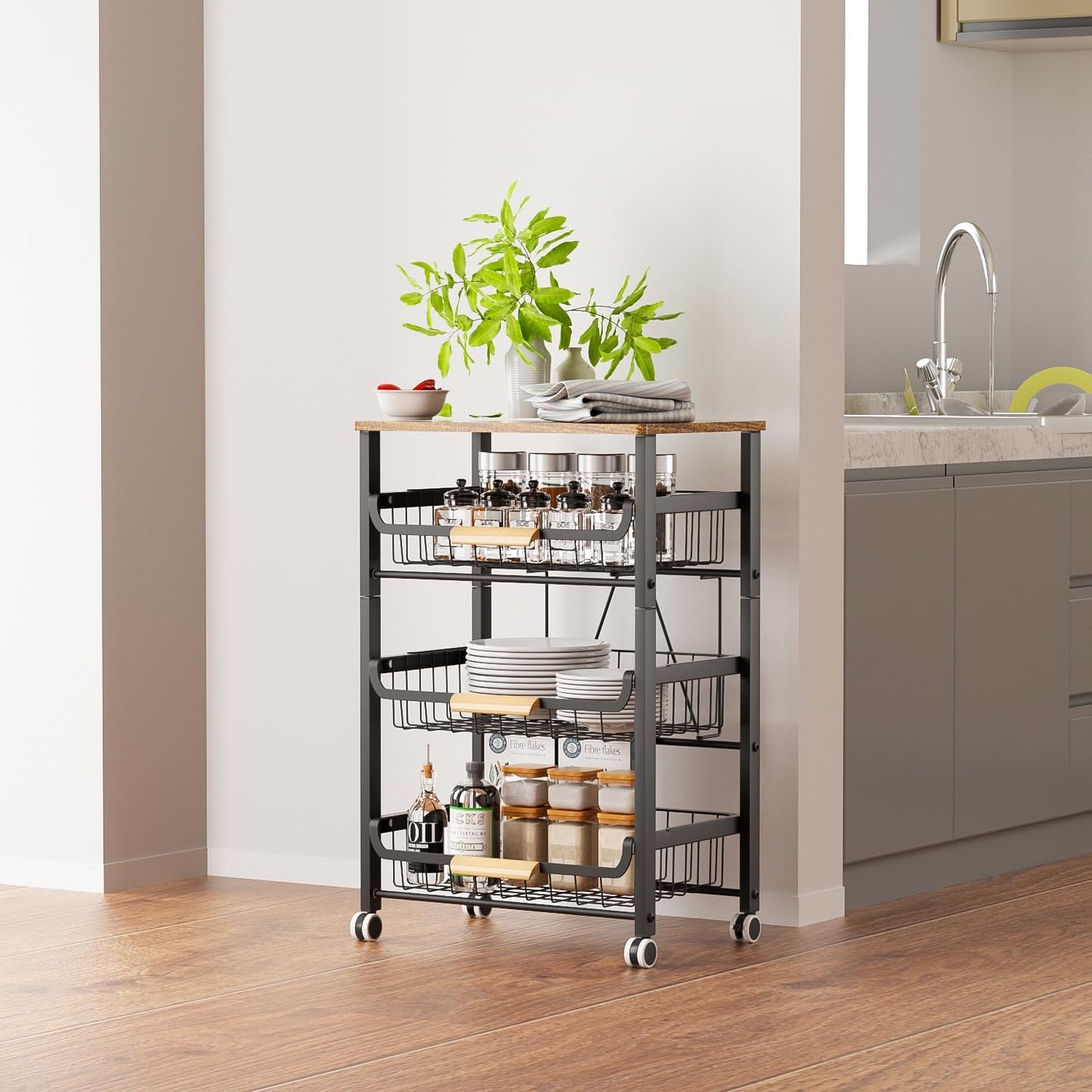 4-Layer Fruit Basket Kitchen Food Organizer and Rack, Stackable Storage Cart with Desktop, Pull-Out