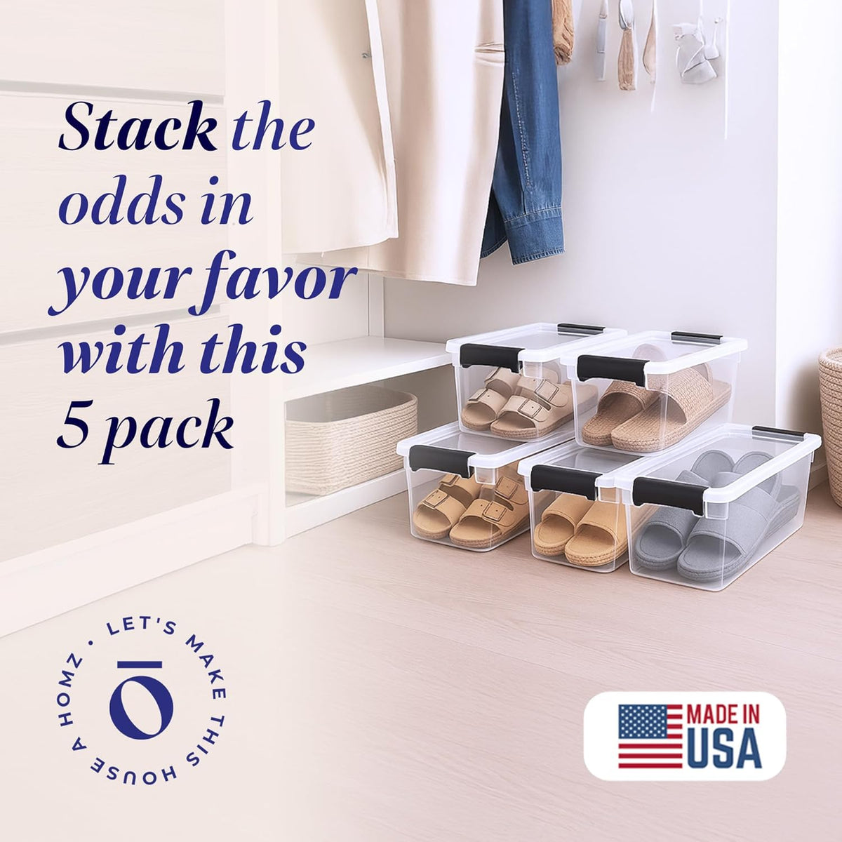 HOMZ 5-Pack Latching Lid, Clear Plastic Storage Organizer Bins, 7.5 Quart, Gray Latch - Stackable