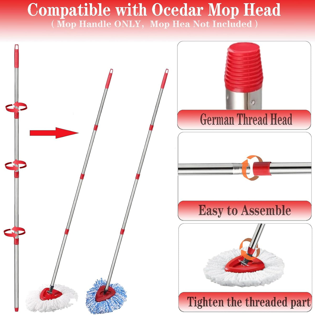 Spin Mop Replacement Handle, 4-Section 30-to-58 inch Mop Replacement Stick Compatible with Ocedar