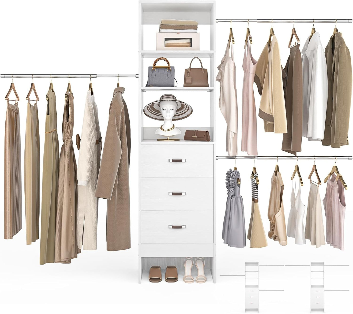 96'' Closet Organizer System with 3 Hanging Rods (Without 3 Storage Shelves), 8FT Closet Systems