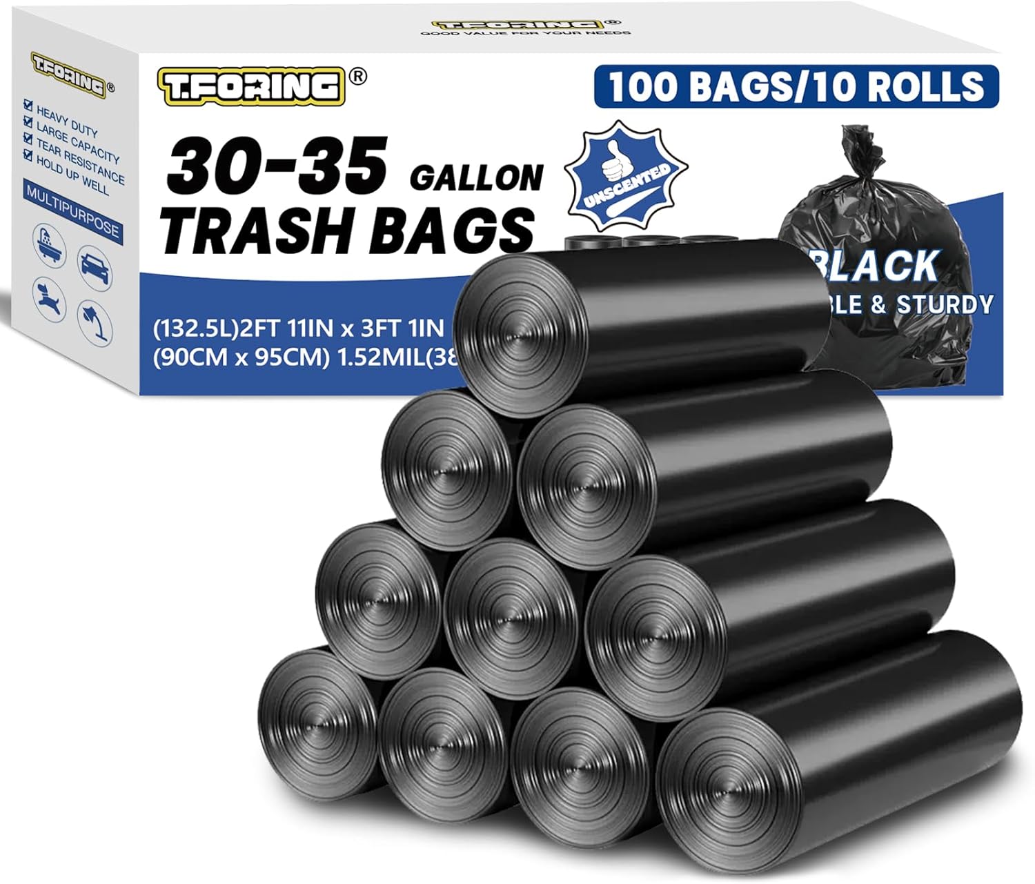 30-35 Gallon Trash Bags Heavy Duty 1.5 Mil - 35" x 37" 100 Count Large Black Garbage Bags 30+