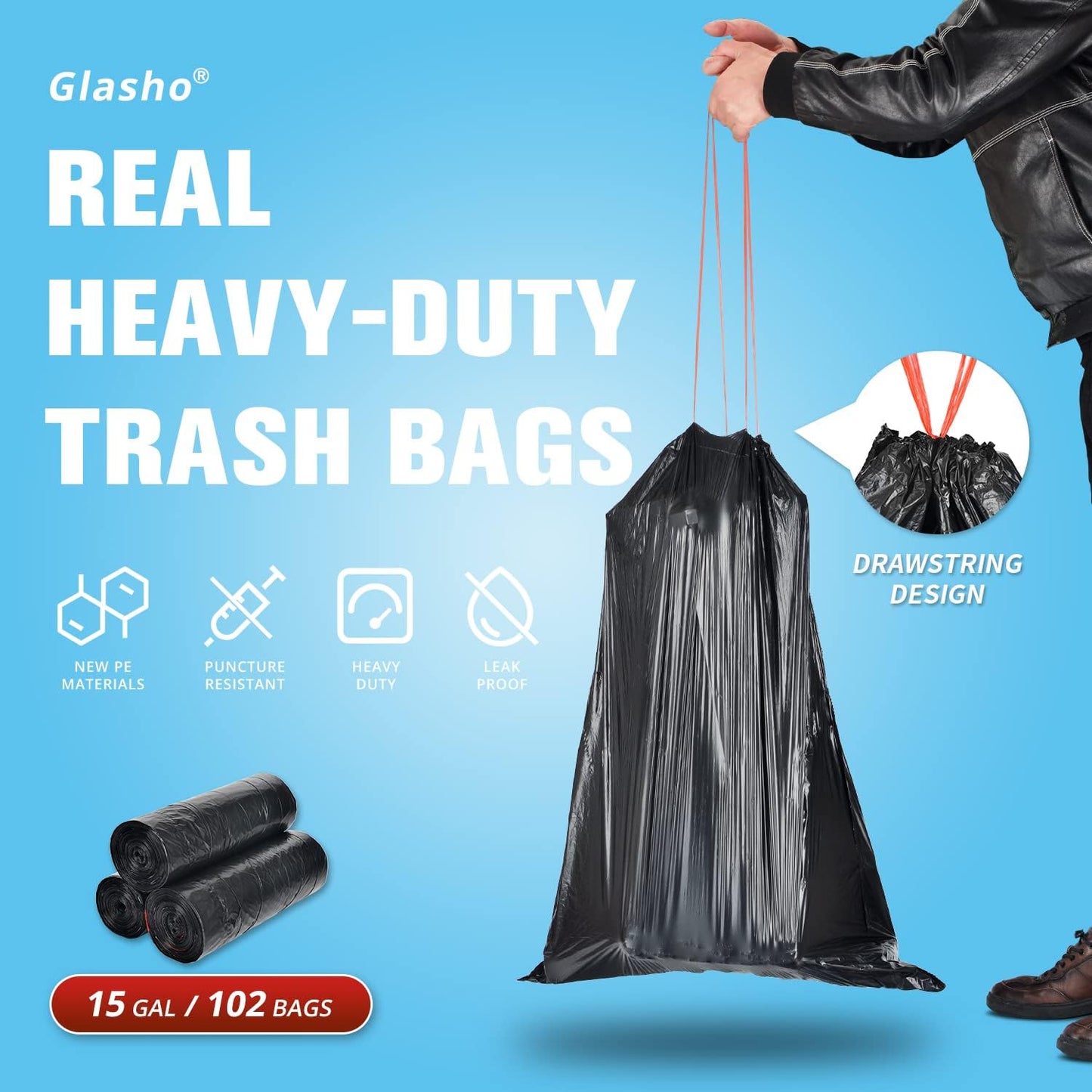 Ultra Strong 15 Gallon Drawstring Trash Bags (102 Count) Large Heavy Duty Thicken Plastic Tall