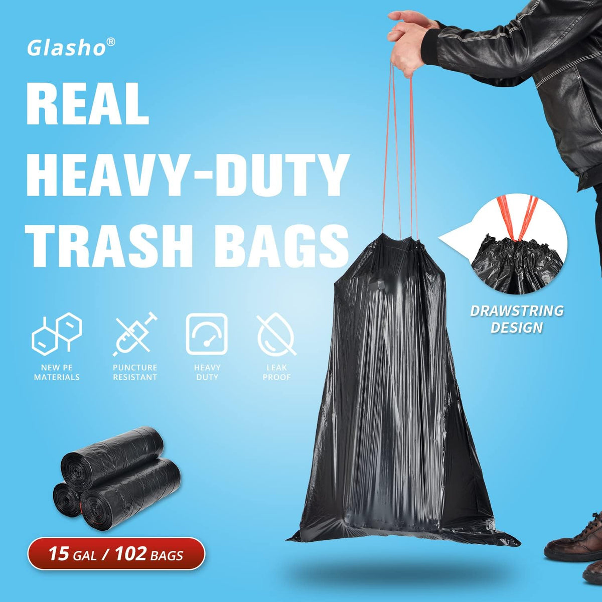 Ultra Strong 15 Gallon Drawstring Trash Bags (102 Count) Large Heavy Duty Thicken Plastic Tall
