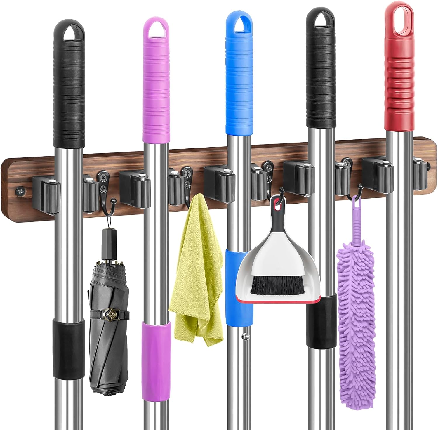 IMILLET Broom Holder Wall Mount, Rustic Wood Broom Hanger with 5 Racks and 4 Hooks, Laundry Room