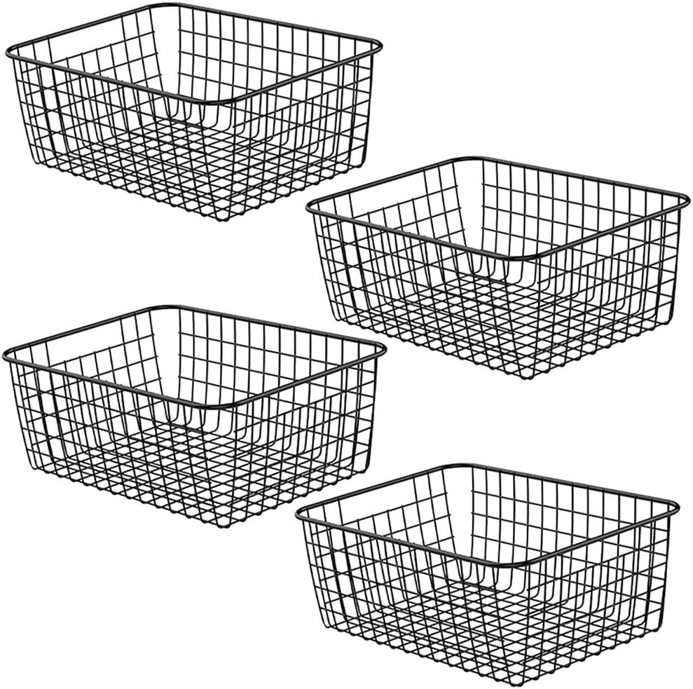 Metal Wire Basket Food Storage Organizer with Wooden Handles for Organizing Kitchen Cabinets, 4