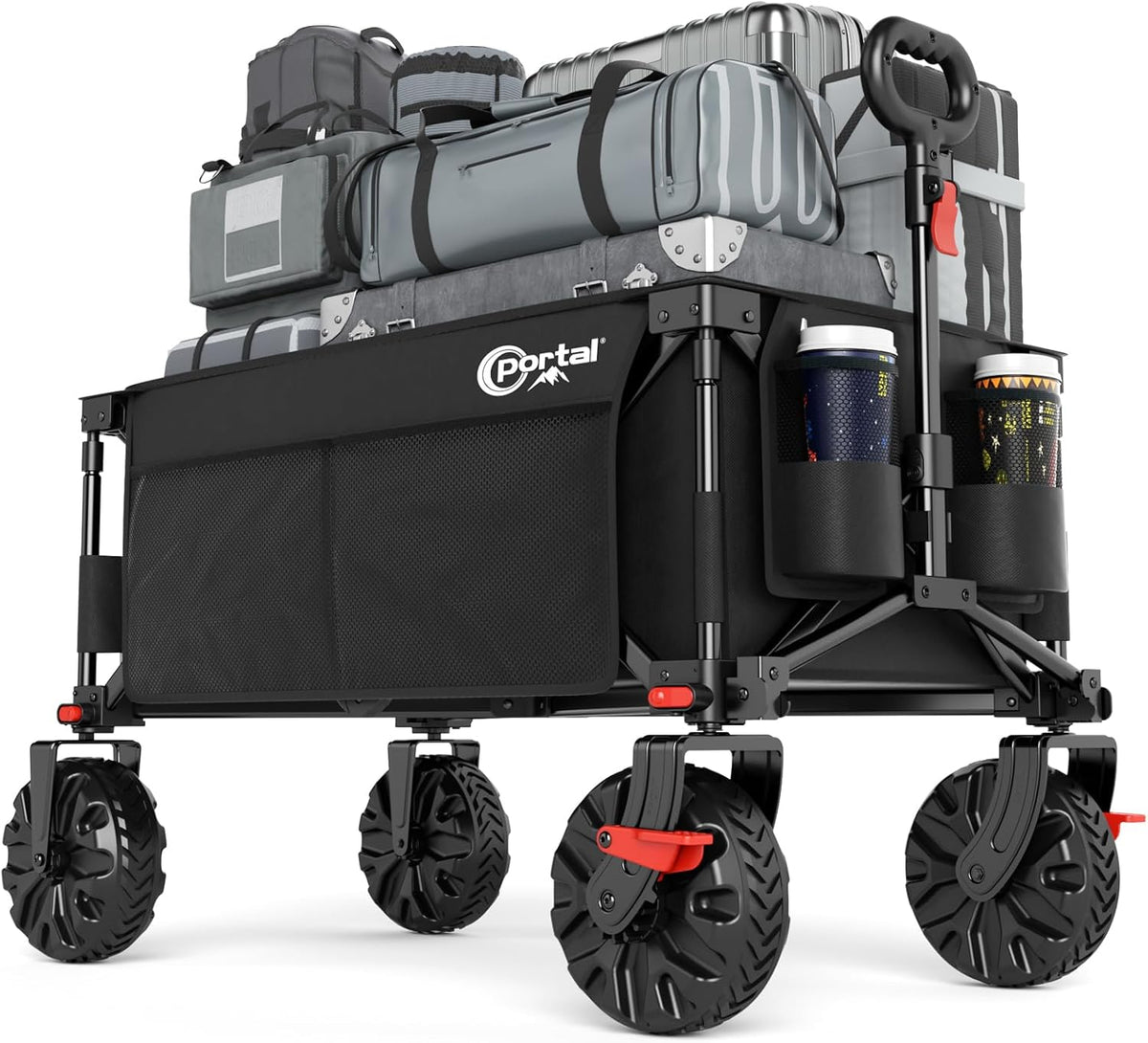 PORTAL Collapsible Wagon with Brakes, Heavy Duty Utility Cart with All-Terrain Wheels, Portable