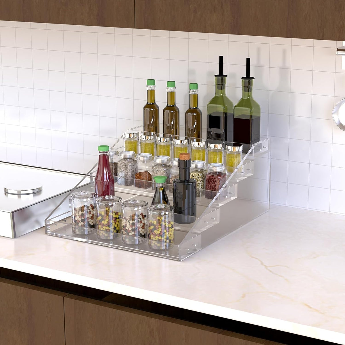 PMMASTO Widen Tiered Spice Rack, Seasoning Organizer, Clear Acrylic Vertical Shelves Can Organizer