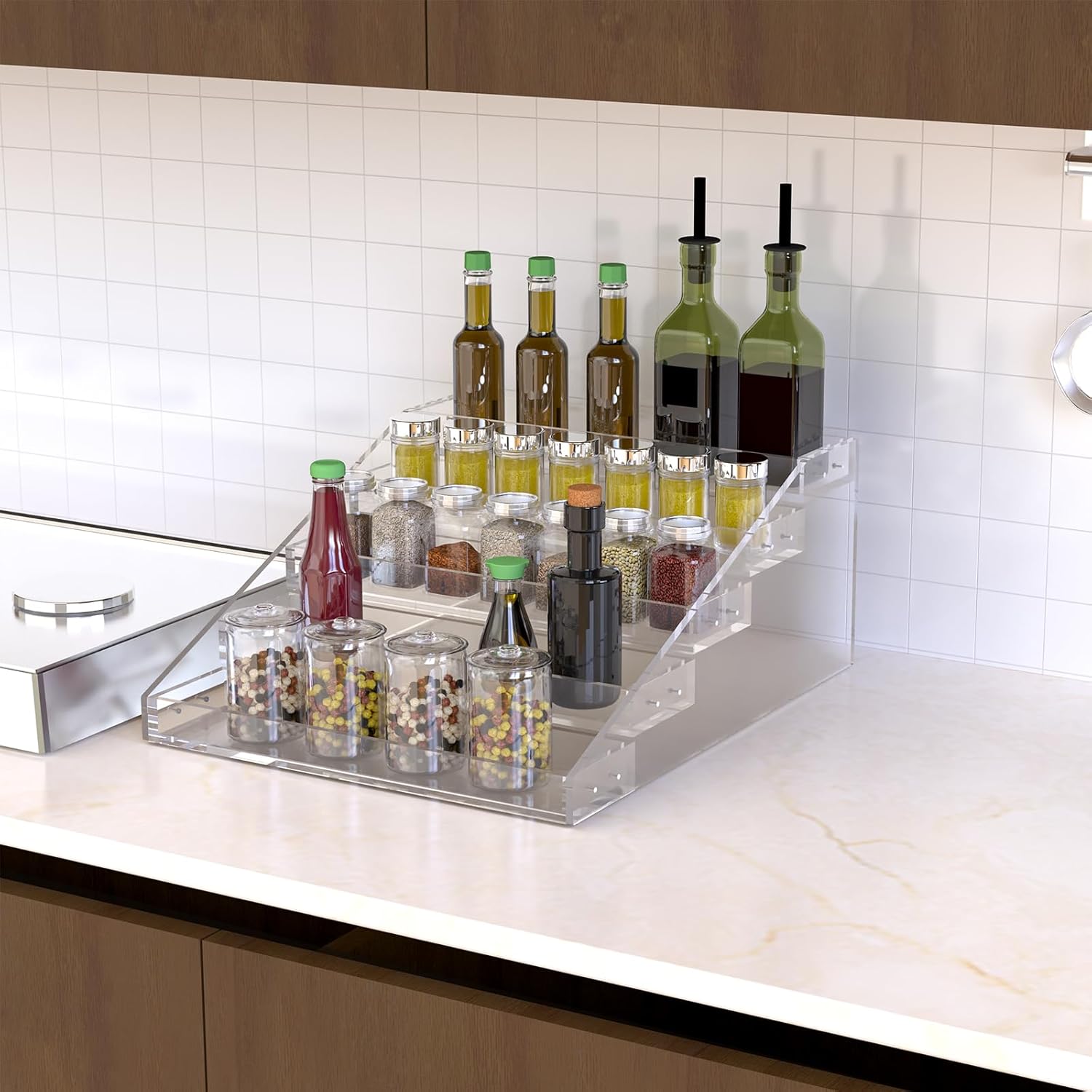 PMMASTO Widen Tiered Spice Rack, Seasoning Organizer, Clear Acrylic Vertical Shelves Can Organizer