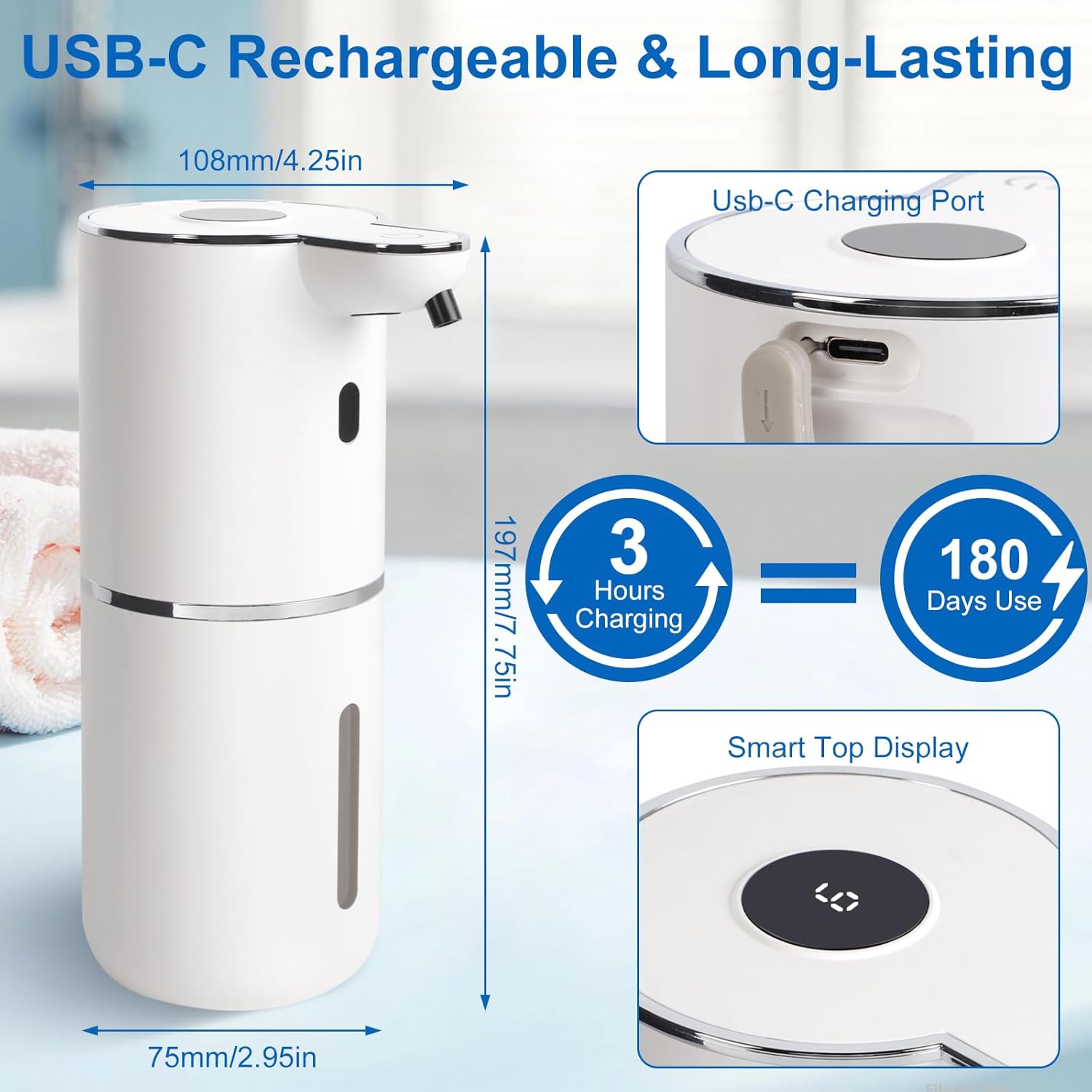 Automatic Liquid Soap Dispenser Touchless, USB-C Rechargeable Hand Soap Dispenser 12.8oz/380ml