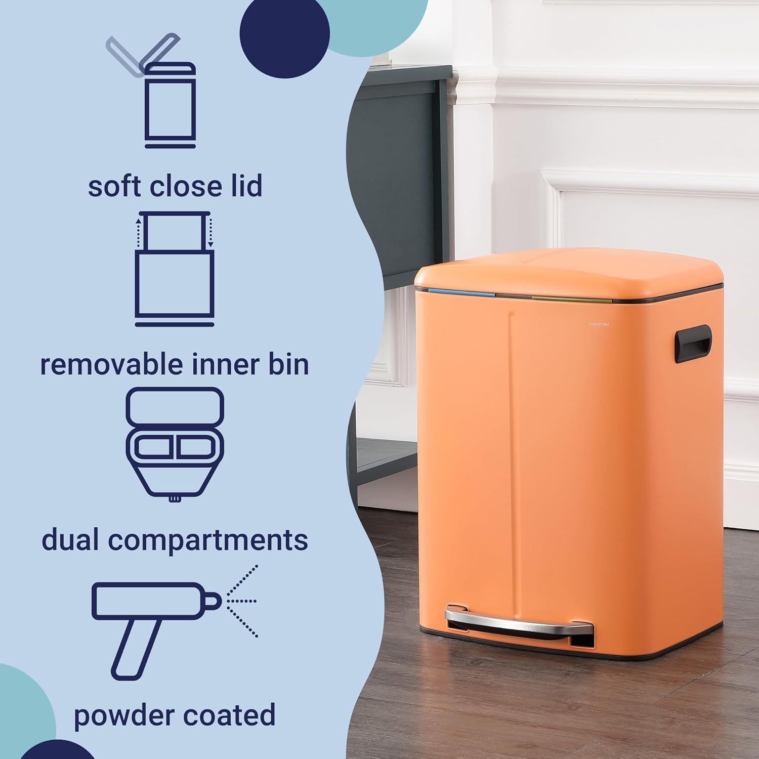 happimess HPM1005K Marco Rectangular 10.6-Gallon Double Bucket Trash Can with Soft-Close Lid