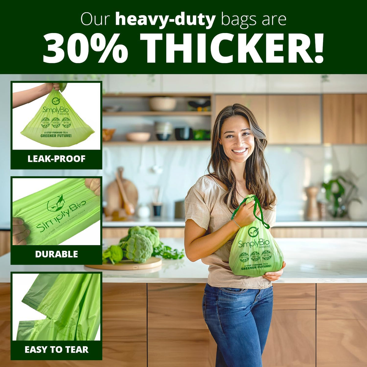 Simply Bio 3 Gallon Compostable Trash Bags Liners Drawstring, Heavy Duty Extra Thick 1 Mil, 11.36