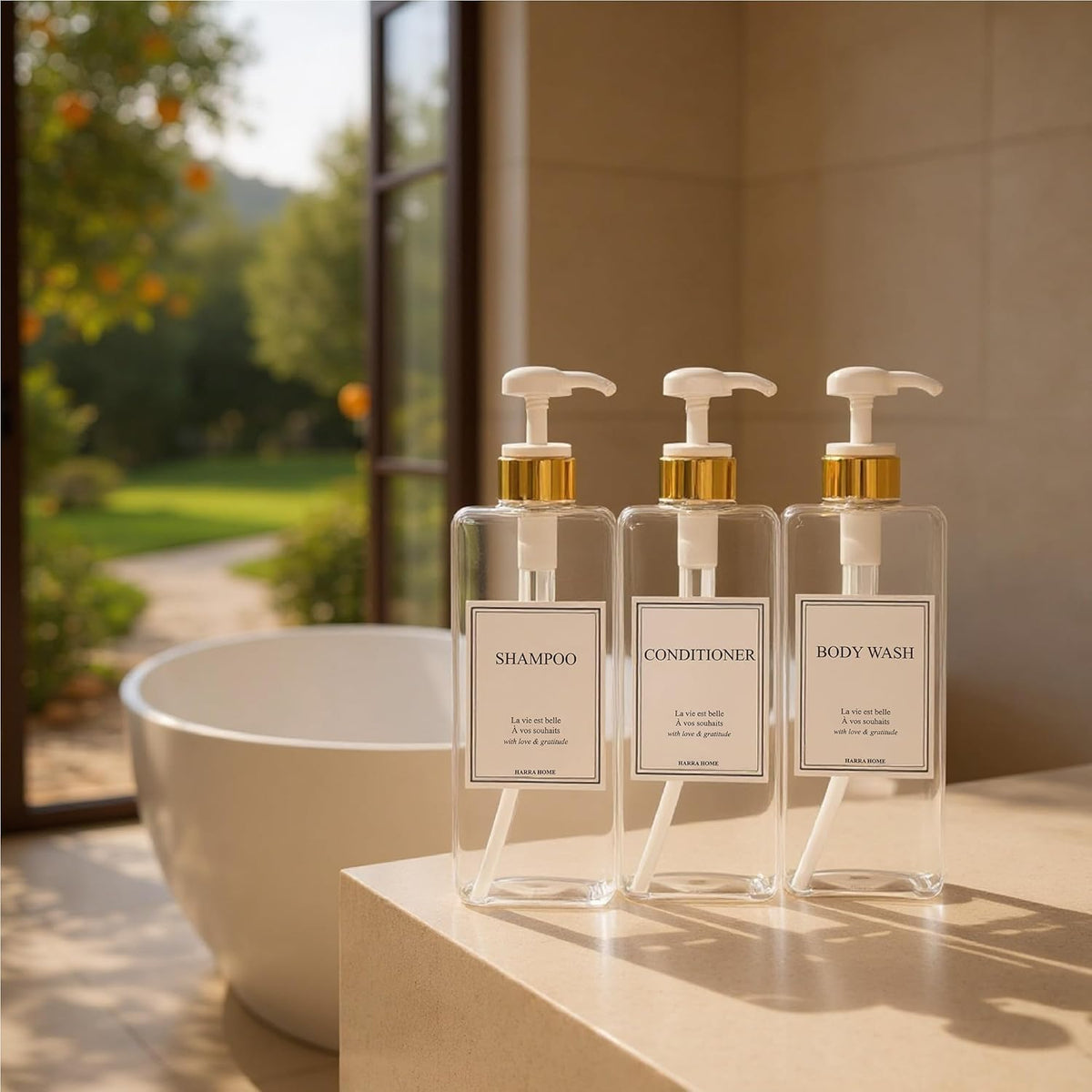 Modern Gold Design Large 27 oz Shampoo and Conditioner Dispensers - Empty Plastic Refillable Pump