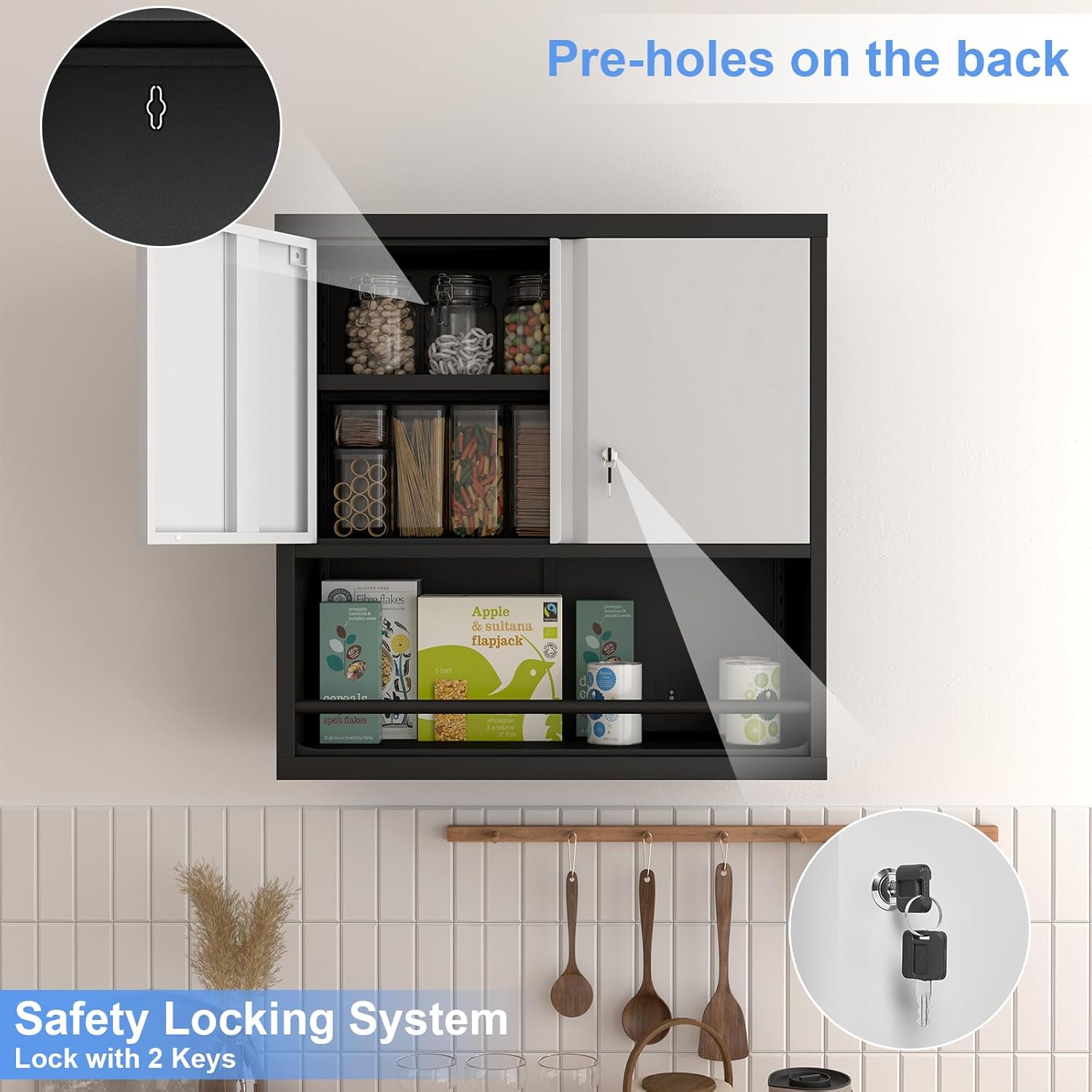 Metal Garage Cabinets, Lockable Storage Cabinet, Metal Cabinet with Open Storage, Upper Tool