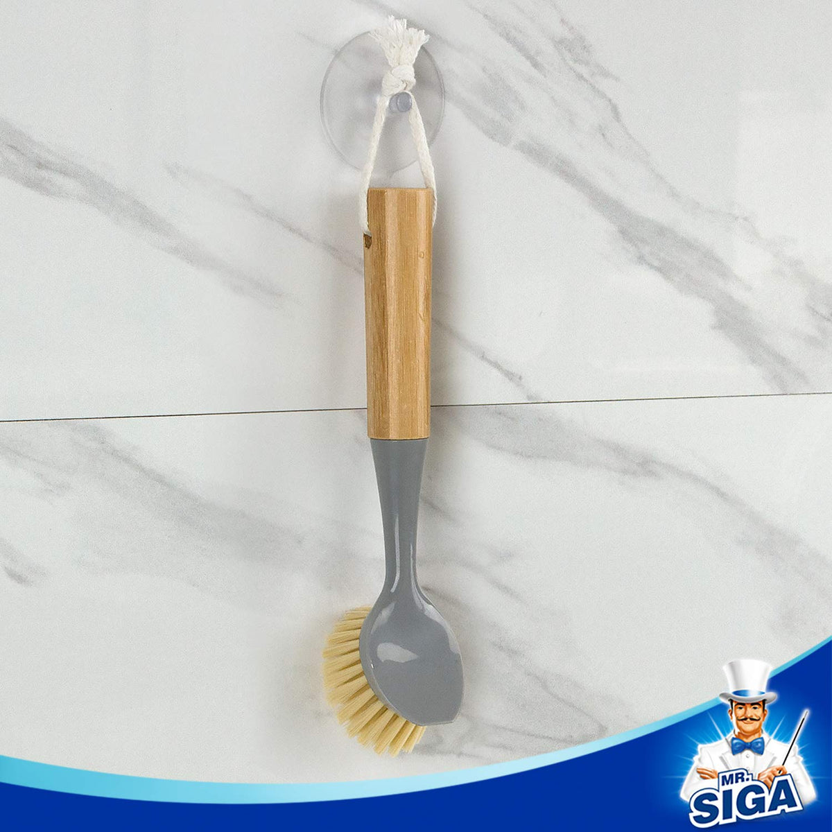 MR.SIGA Dish Brush with Bamboo Handle Built-in Scraper, Pack of 2