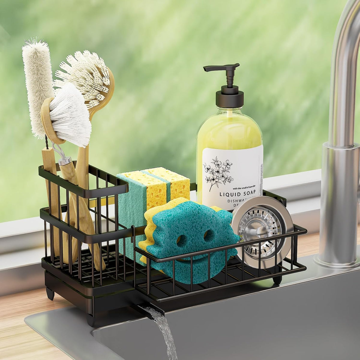 Consuemst Sponge Holder for Kitchen Sink - Auto Draining Sink Caddy Organizer with Detachable Rack