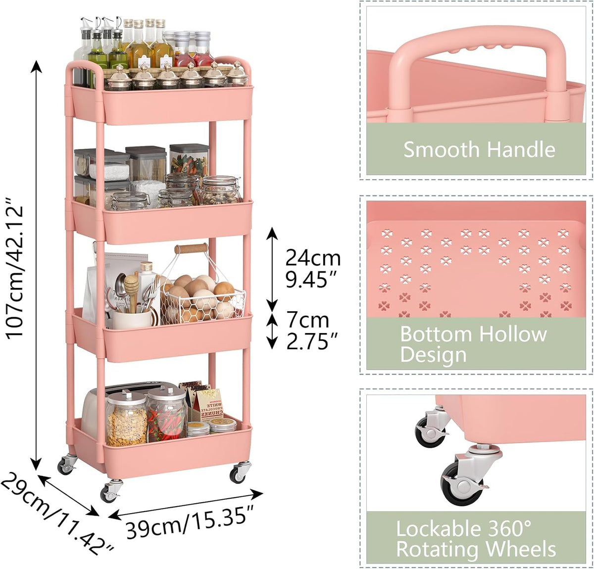 Sywhitta 4-Tier Plastic Rolling Utility Cart with Handle, Multi-Functional Storage Trolley for