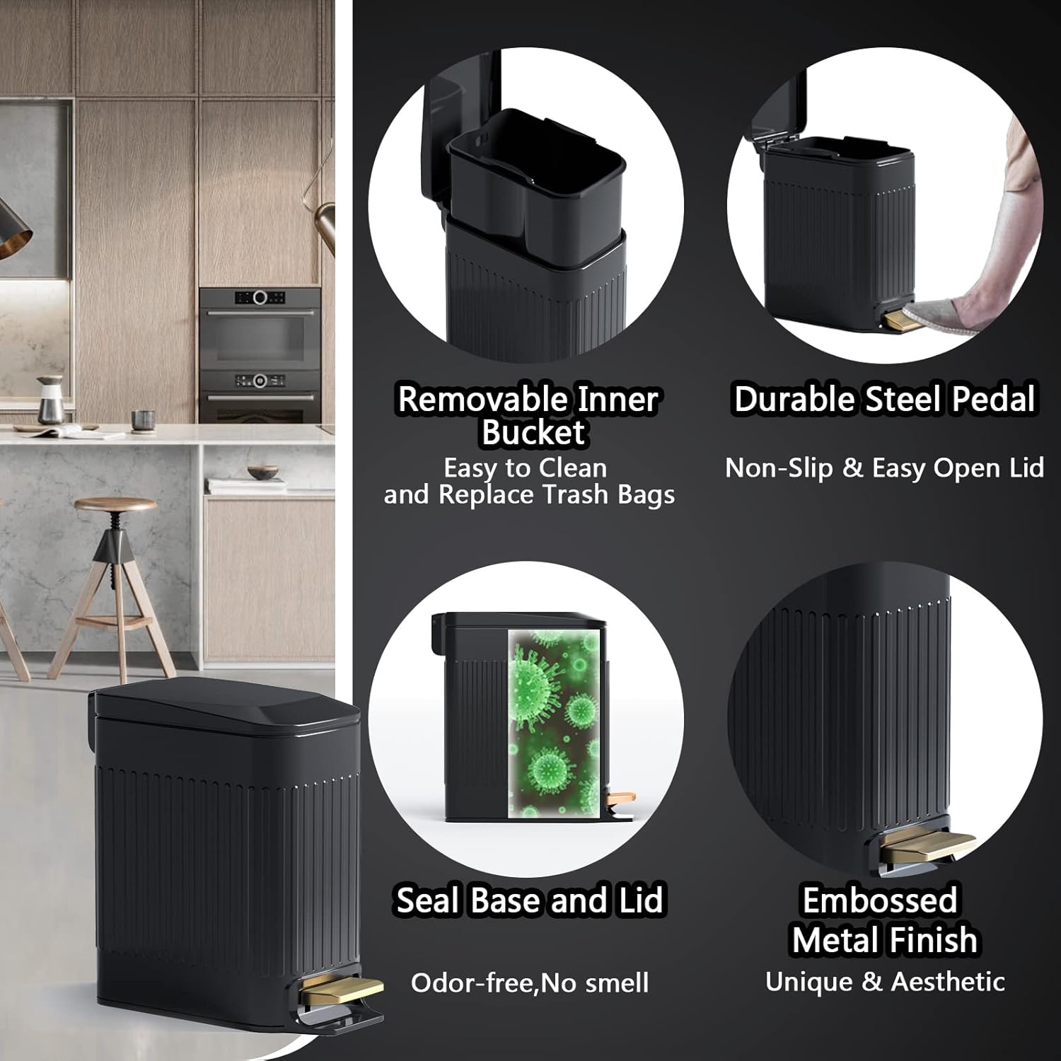 CEROELDA Small Bathroom Trash Can with Lid Soft Close-5L/1.3 Gal Slim Garbage Can-Metal Step