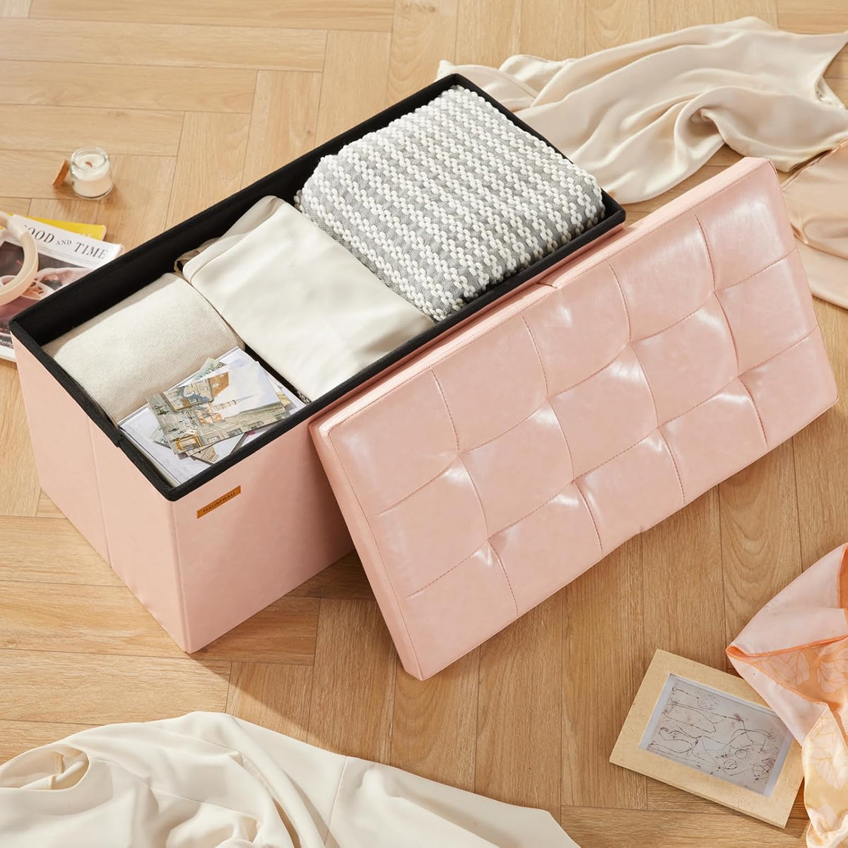 HAUSFRAU - 30 Inches Storage Ottoman Bench with Flipping Lid, Foldable Storage Chest Foot Rest for