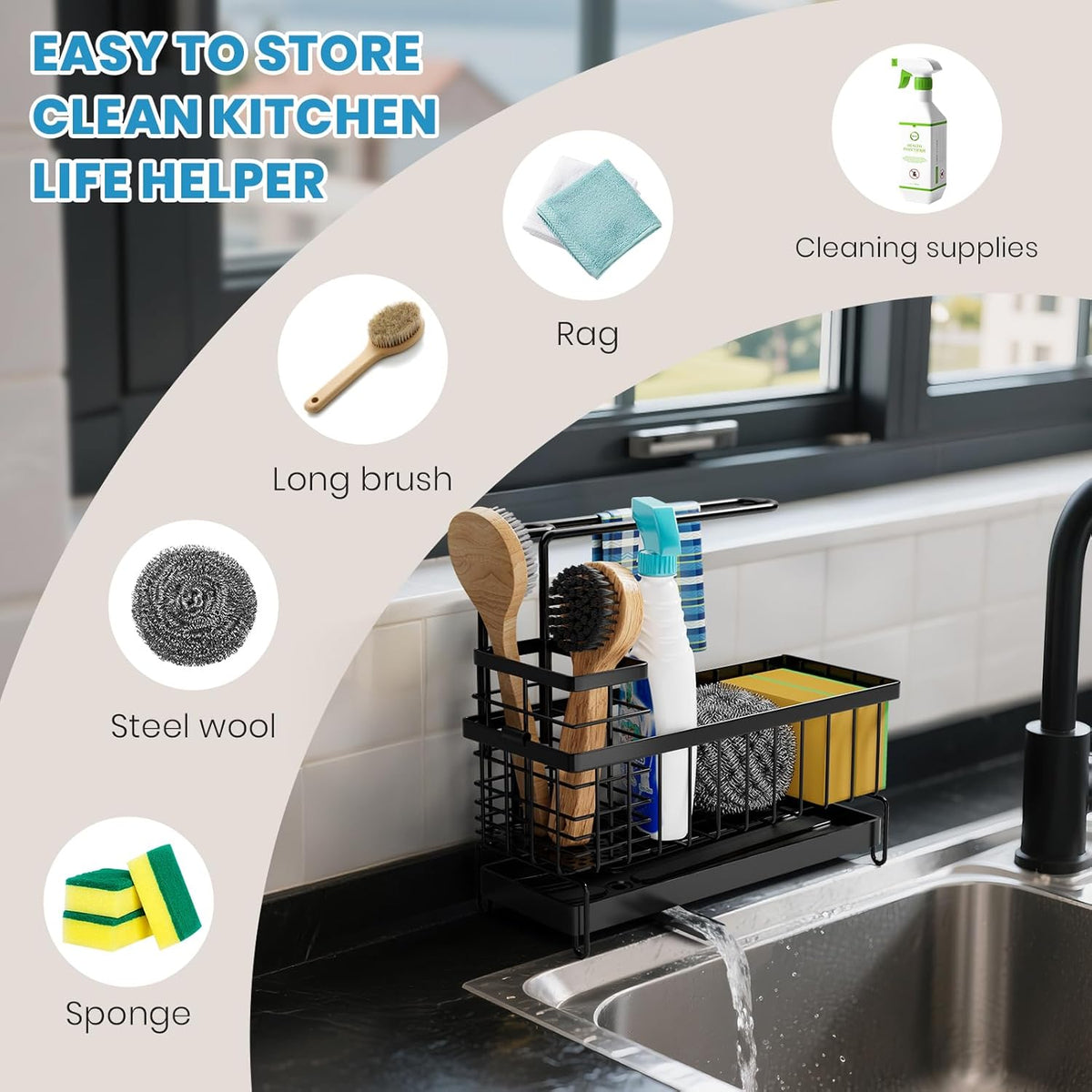 Kitchen Sink Caddy, Sponge Holder with 360 Degree Rotating Drain, Carbon Steel Organizer with High
