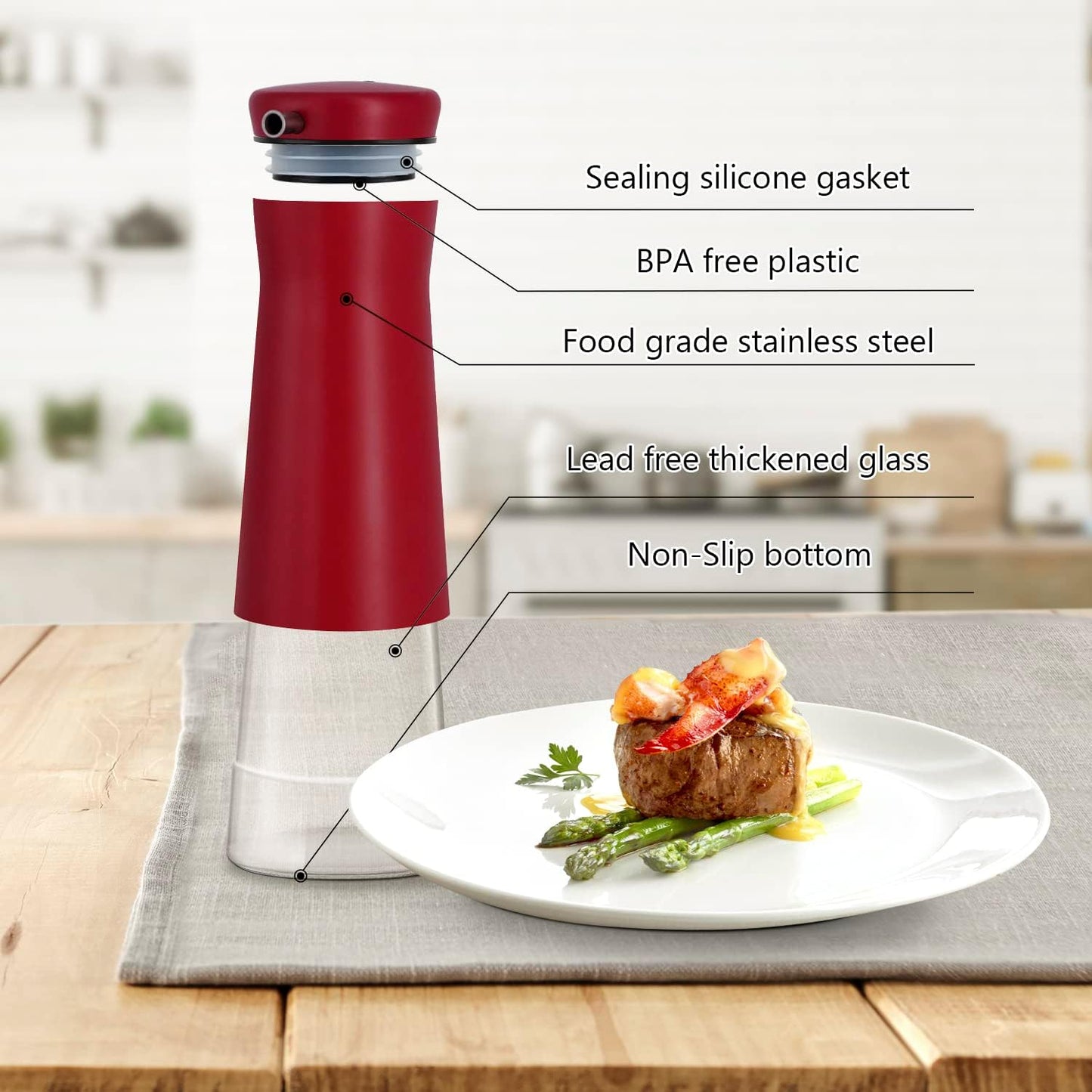 Aelga Red Oil And Vinegar Dispenser Set - 2 Pack Oil Dispenser Bottle for Kitchen with No-Drip- Red