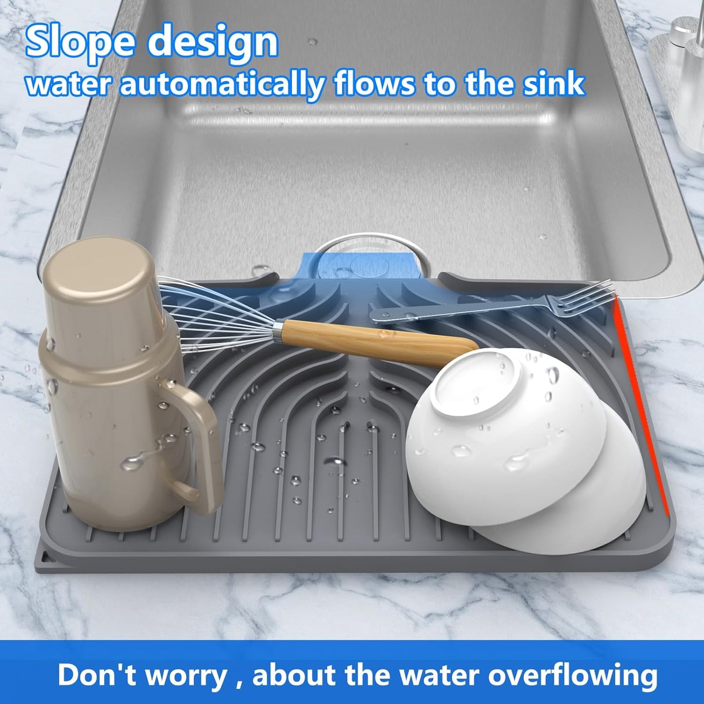 Dish Drying Matt for Kitchen Counter,14.6"×11"Silicone Dry Rack Mat with Built in Drain, Kitchen