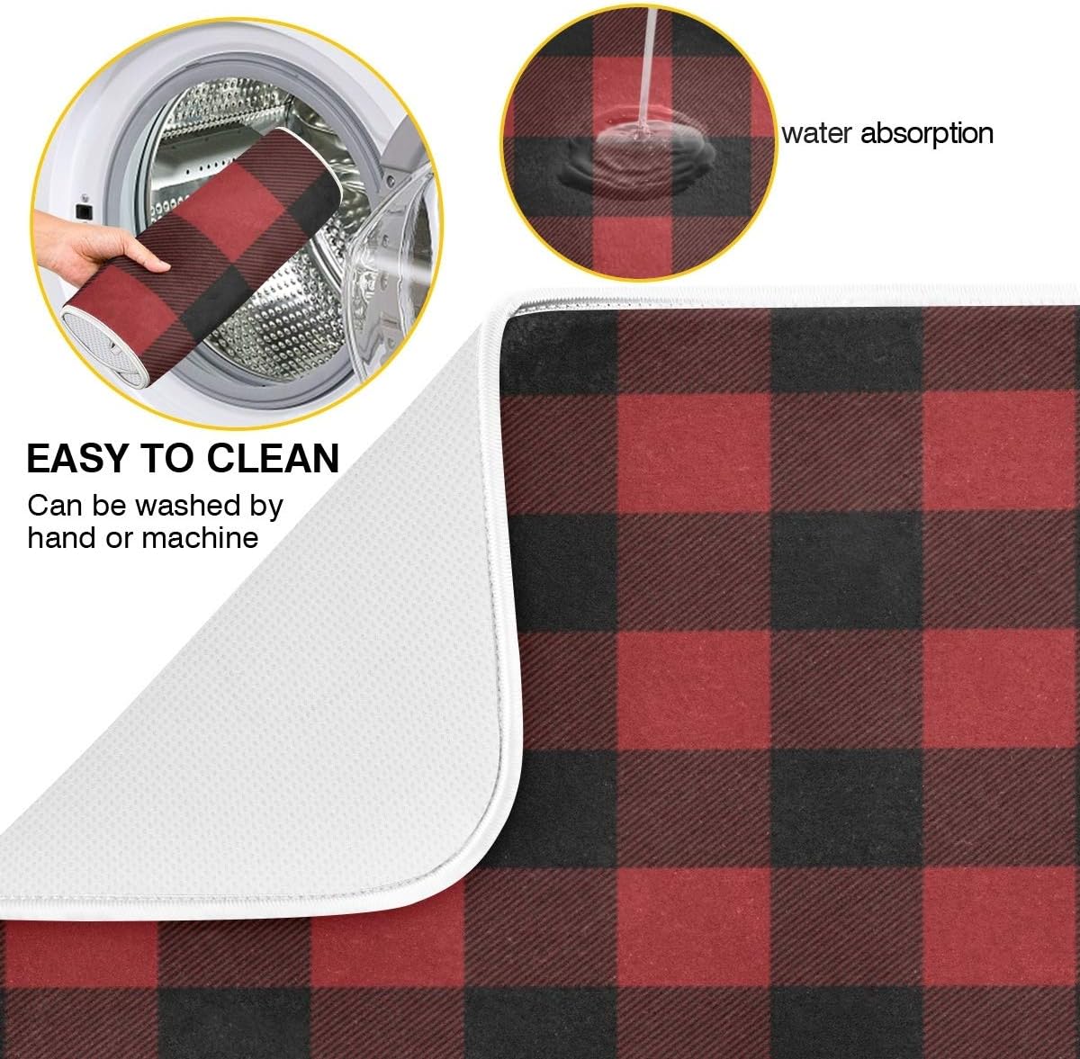 Red and Black Buffalo Plaid Dish Drying Mat 18x24 for Kitchen Merry Christmas Winter Xmas Dishes