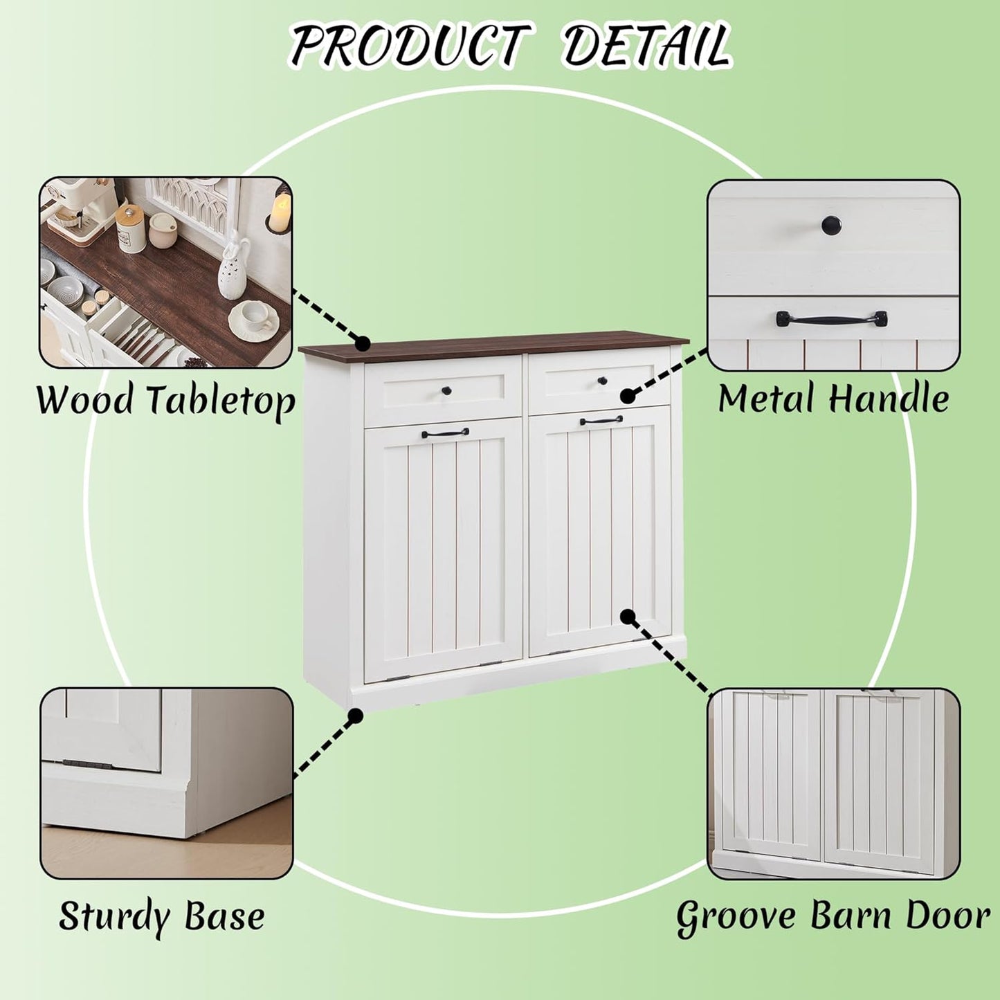Double Tilt Out Laundry Hamper Cabinet, 20 Gallon Farmhouse Trash Can Cabinet with Drawer, Hidden