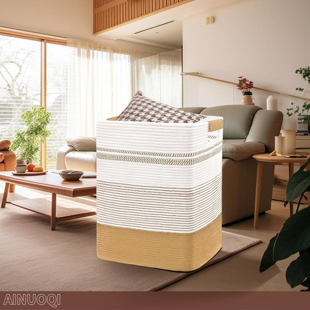 Laundry Hamper Large Laundry Basket with Leather Handles, Decorative Storage Cotton Rope Woven