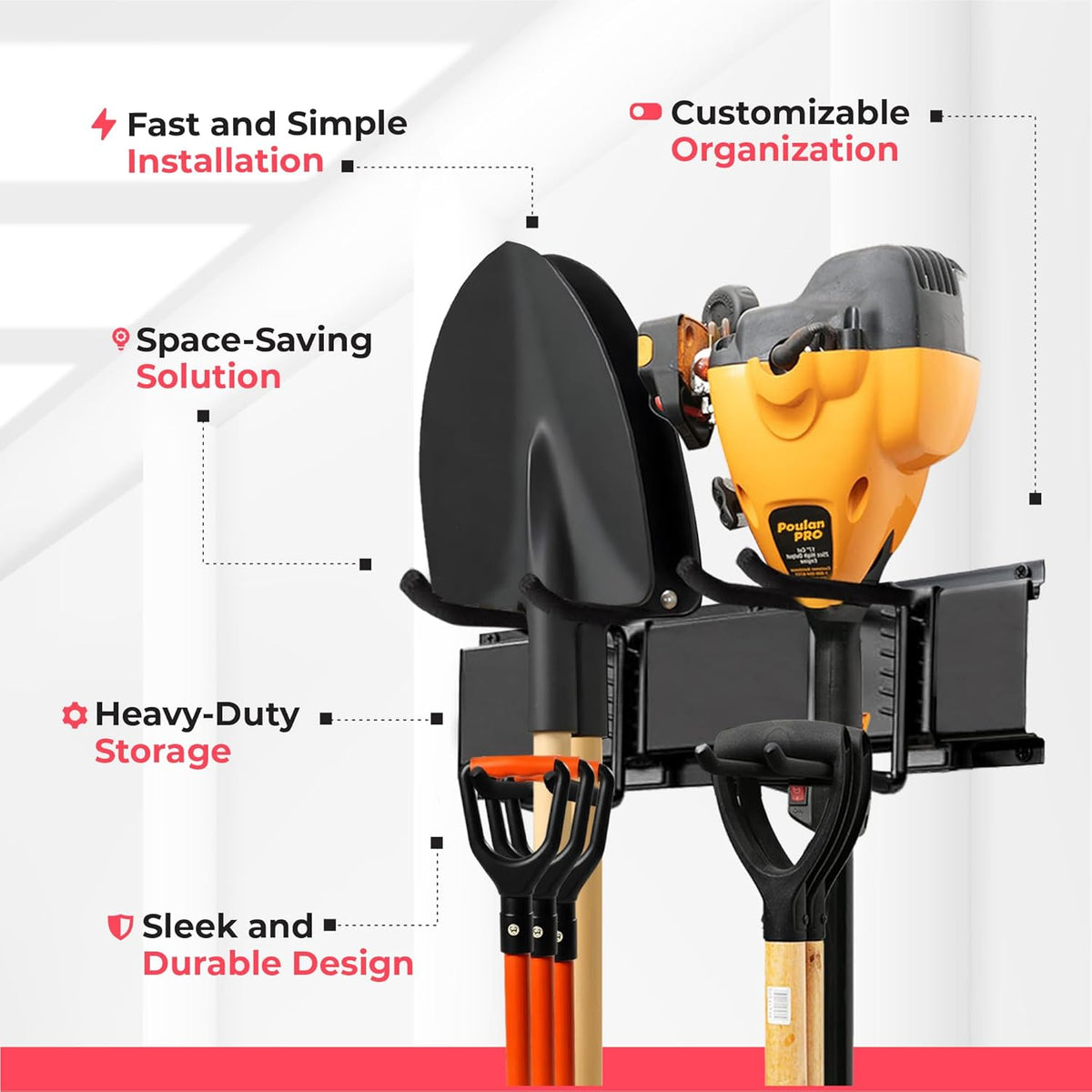 Garage Wall Organizer | 80" Heavy-Duty Tool Storage Rack | Adjustable Double-Layer Hooks | 500 lbs