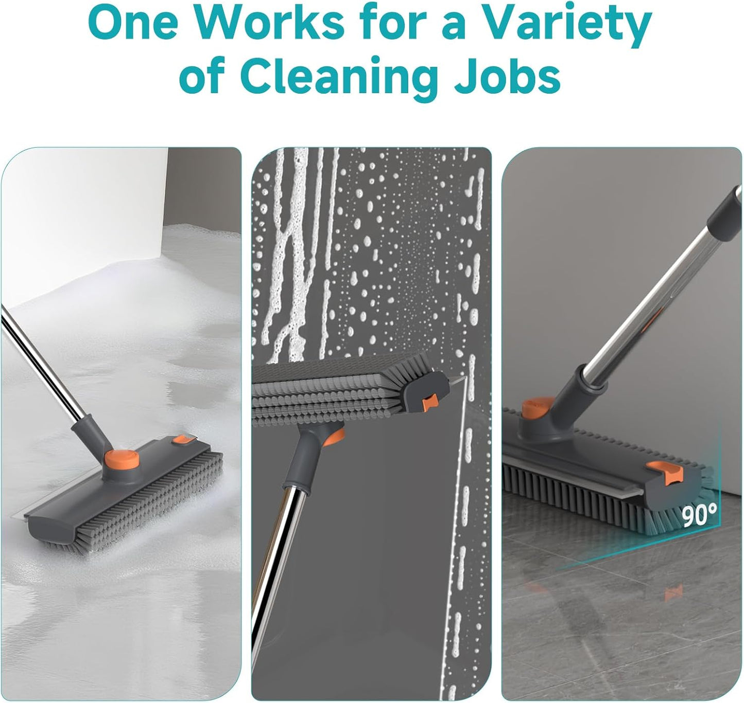 Floor Scrub Brush with Long Handle Length Adjustable, 3 in 1 Heavy-Duty Stiff 90° Bristle Floor