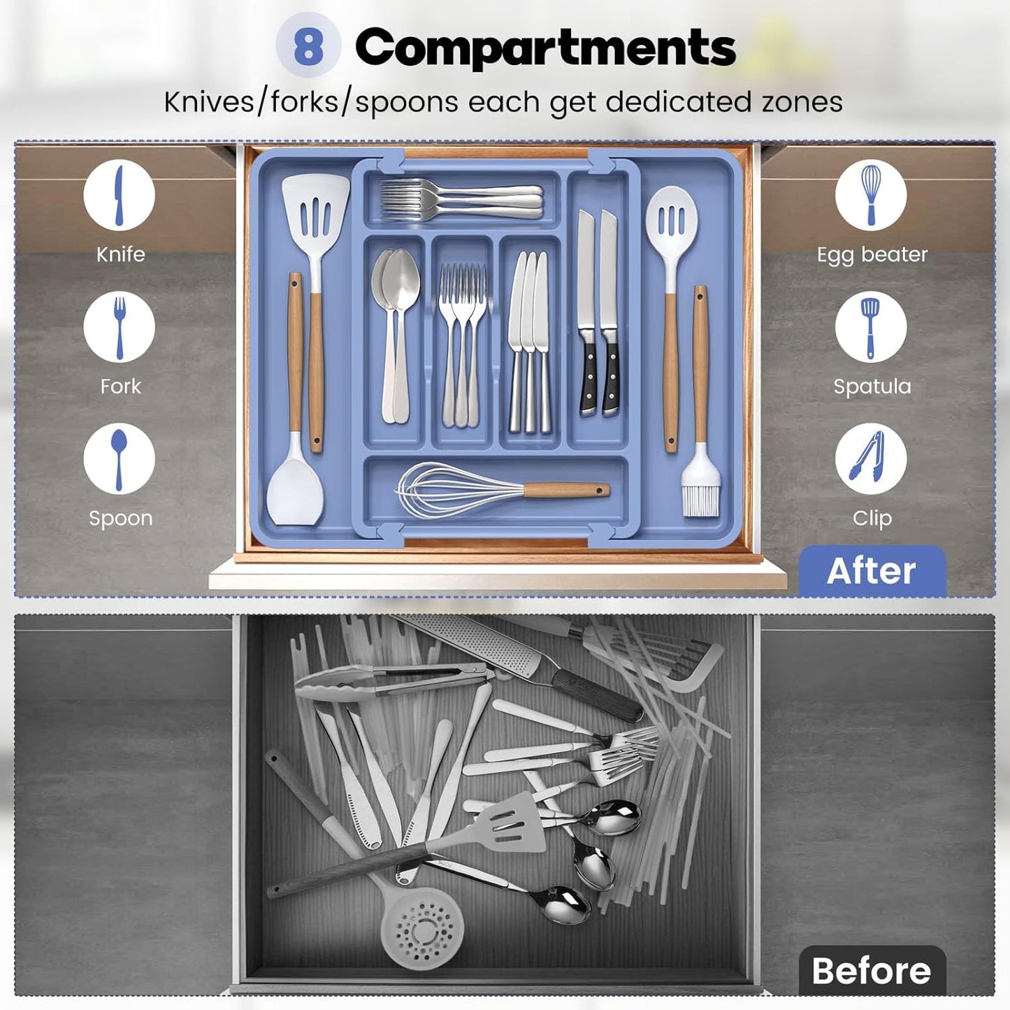 Caperci Large Silverware Organizer for Kitchen Drawer & Utensils - Expandable Drawer Organizer for