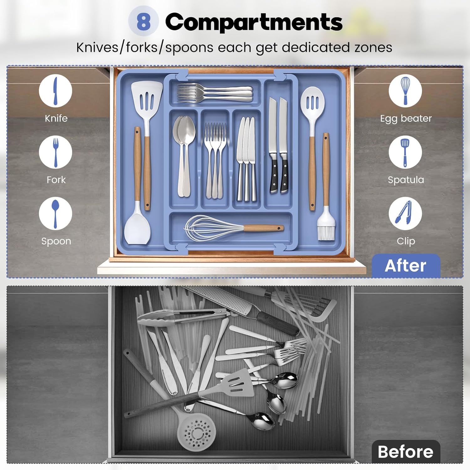 Caperci Large Silverware Organizer for Kitchen Drawer & Utensils - Expandable Drawer Organizer for