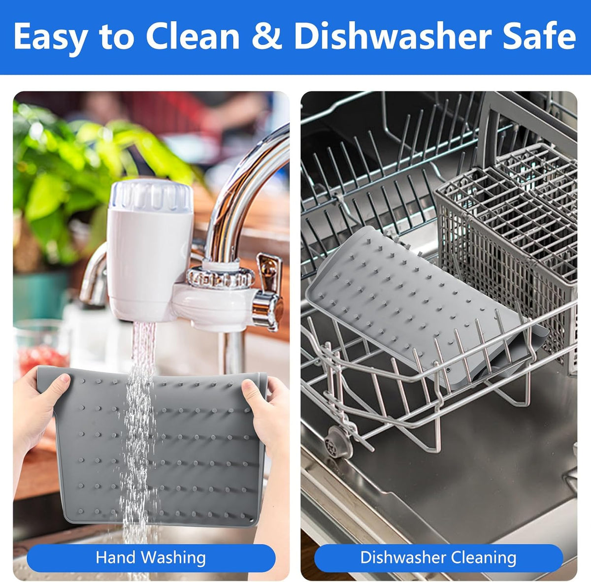 Silicone Dish Drying Mat for Kitchen Counter, Dish Drainer Mat, Non-Slip Drying Pad with Built-in