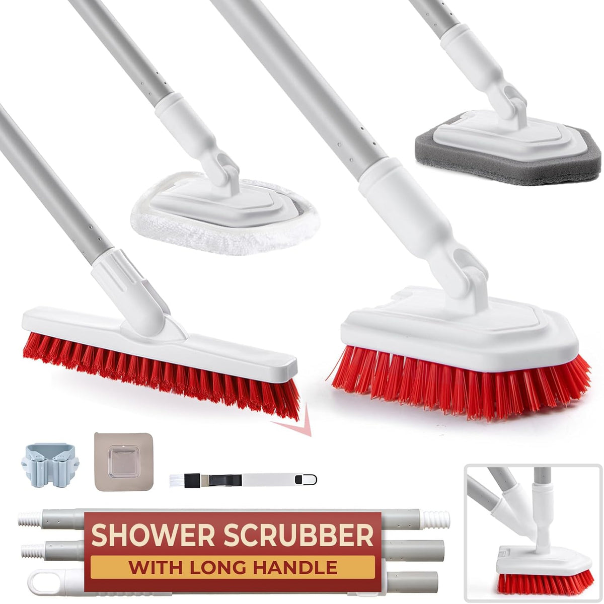 Shower Scrubber with Long Handle, Stiff Bristles Grout-Brush, Tub Scrub-Brush with Long-Handle
