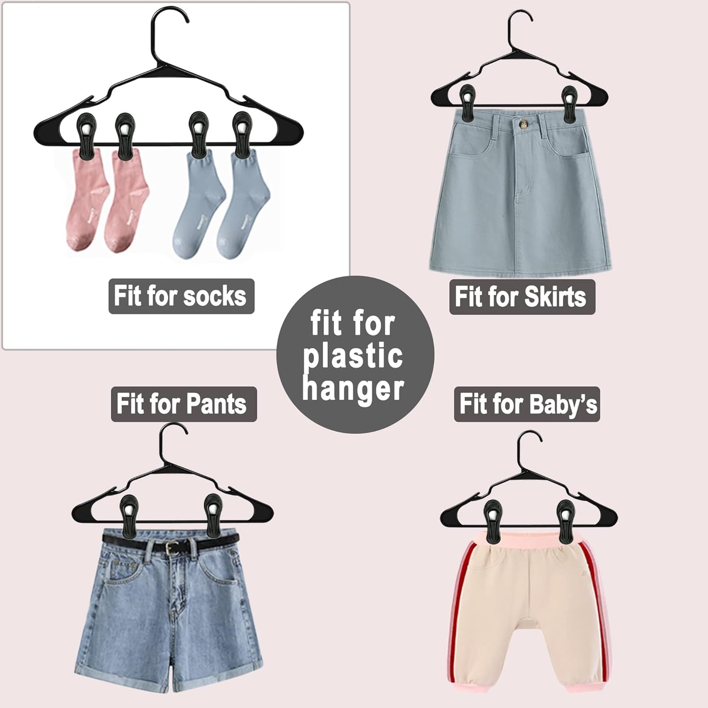 Black Hanger Clips 60 PCS, Multi-Purpose Plastic Clips Perfect for Plastic Hangers Velvet Hanger