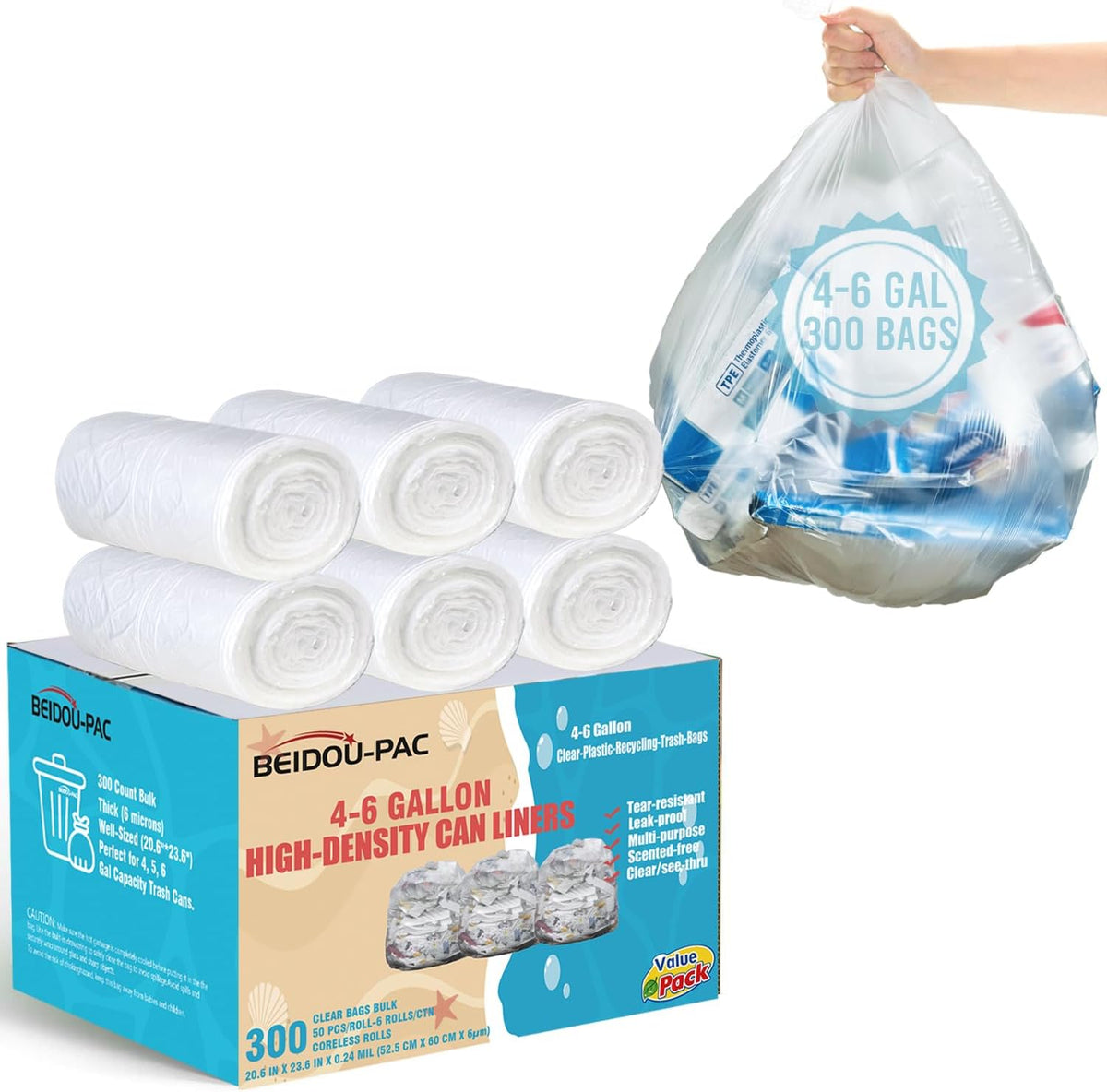 4-6 Gallon Trash Bags, 300 Count Bulk, Clear Plastic Recycling Bags, Multi-purpose Garbage Bags for