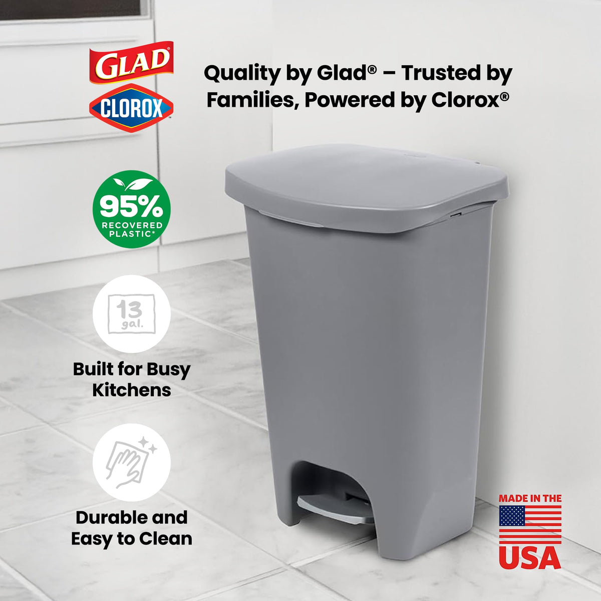 Glad Trash Can with Clorox Odor Protection | Plastic Bin, 13 Gallon, Grey
