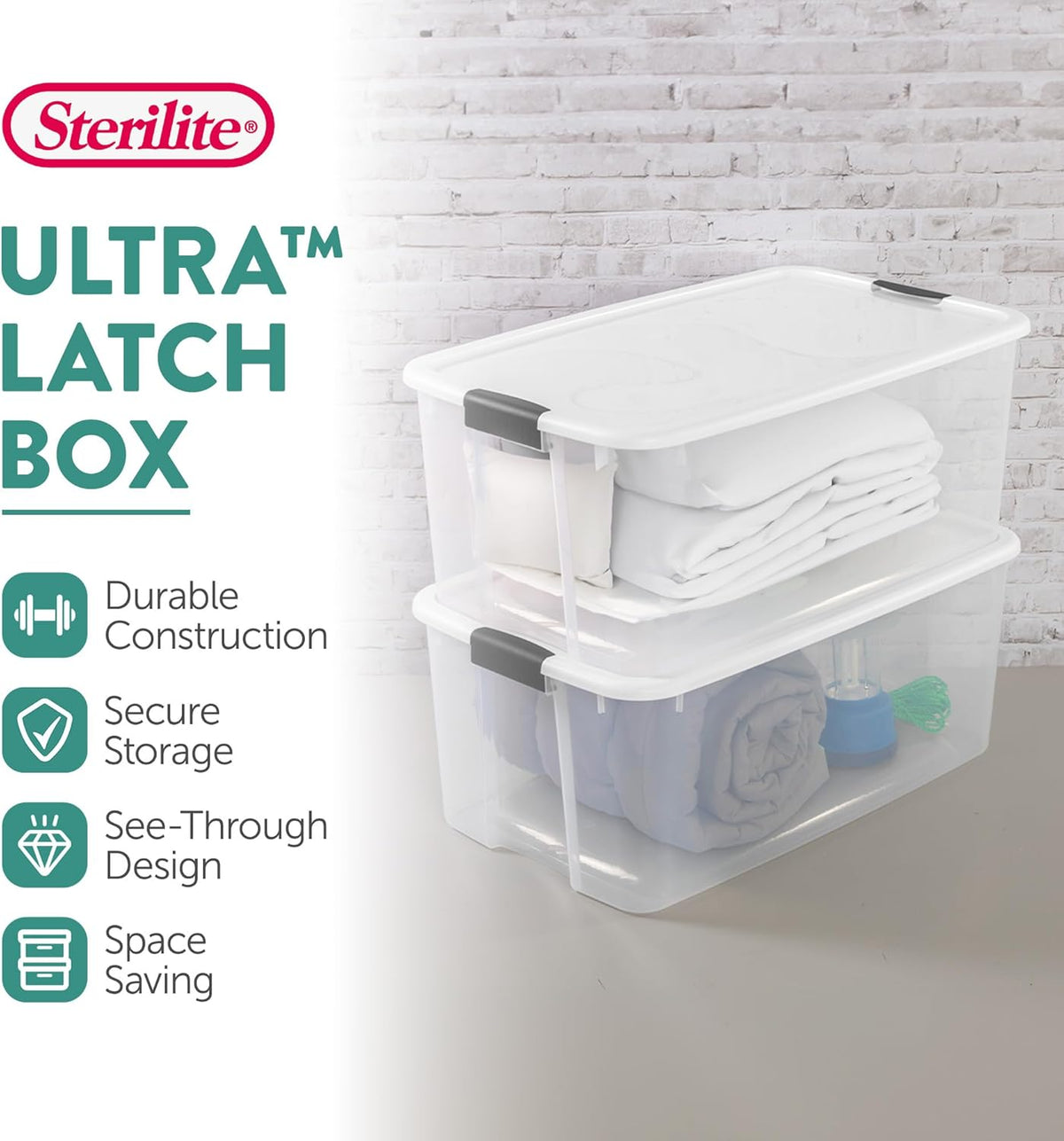 Sterilite 4-Pack Ultra Latching Box, Storage Bins with Lids, Clear Plastic, 116 Quart - Heavy-Duty