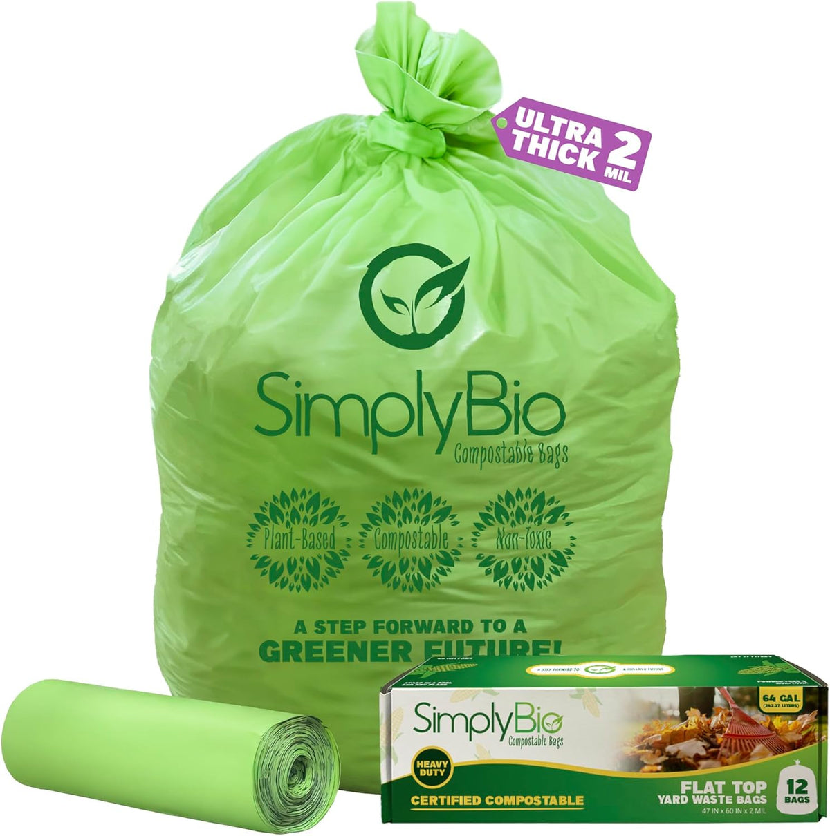 Simply Bio 60-65 Gallon Compostable Trash Bags Liners Flat-Top, Heavy Duty Extra Thick 2 Mil