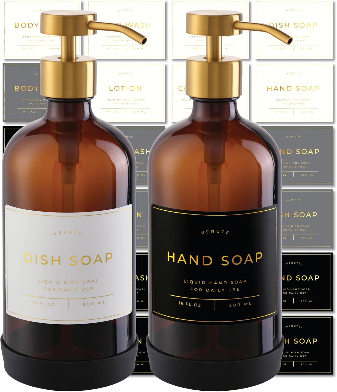 16oz Glass Soap Dispenser with Stainless Steel Pump, 21 Waterproof Labels, Non-Slip Protective