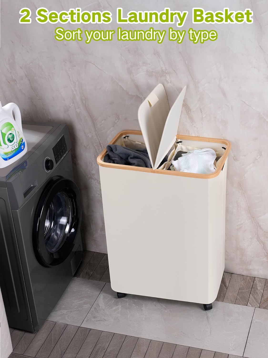 efluky Double Laundry Hamper with Wheels, Divided Laundry Hamper with Removable Bags, 2 Section