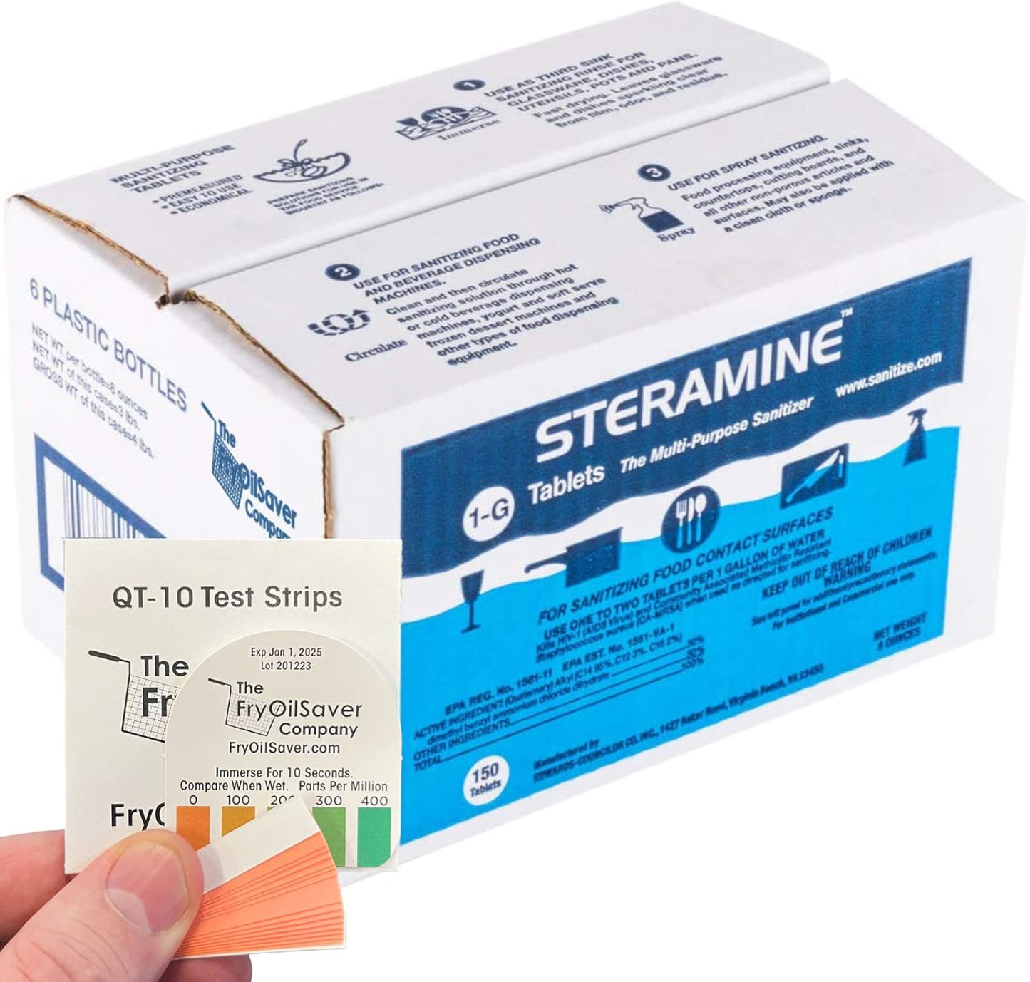Pack of 6 (900 Tab) Steramine Sanitizing Tablets w/ 30x QT-10 Test Strips by FryOilSaver Co.