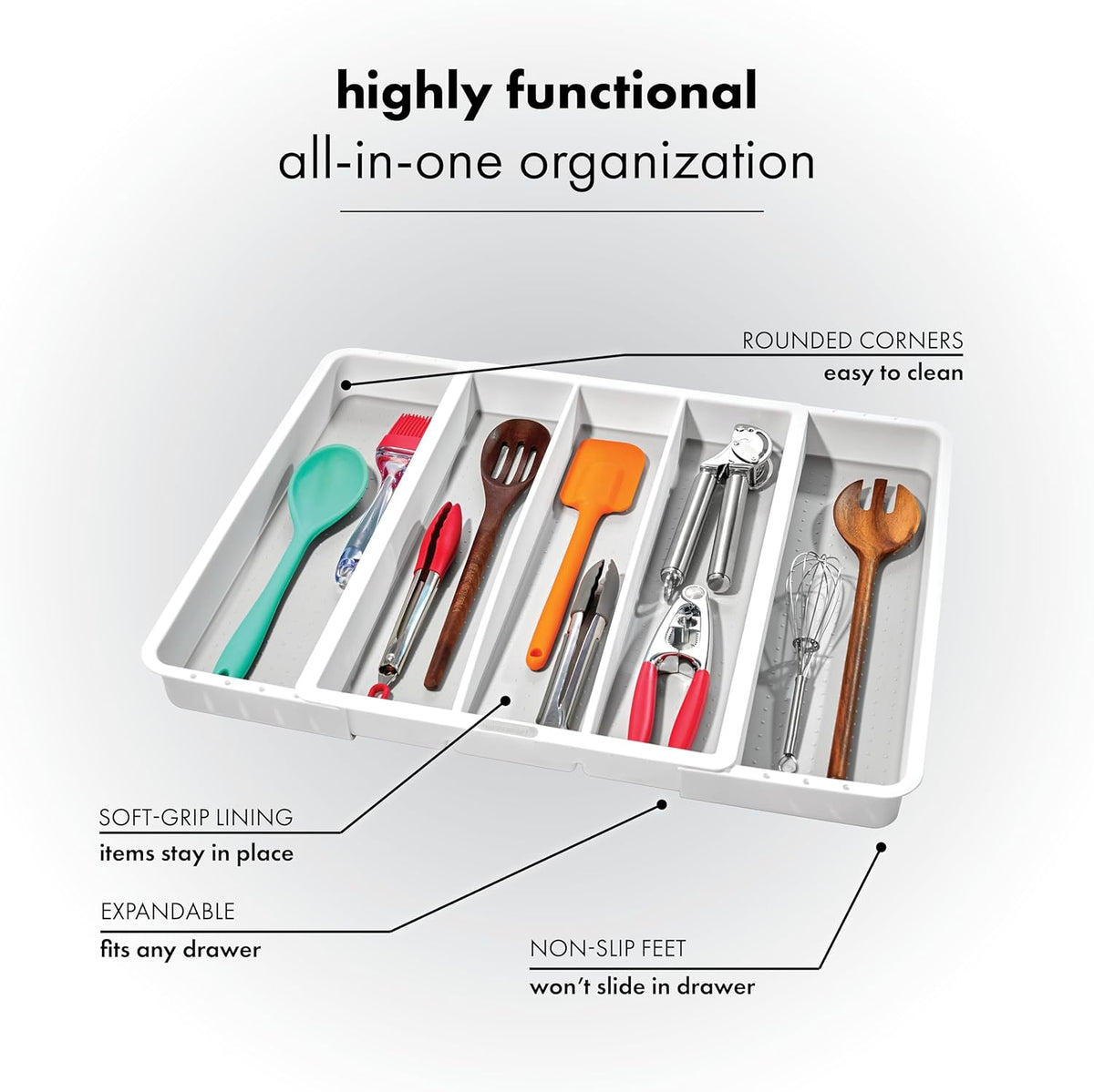 madesmart Expandable Utensil Tray-White | Classic Collection | 5-Compartments | Kitchen Organizer |