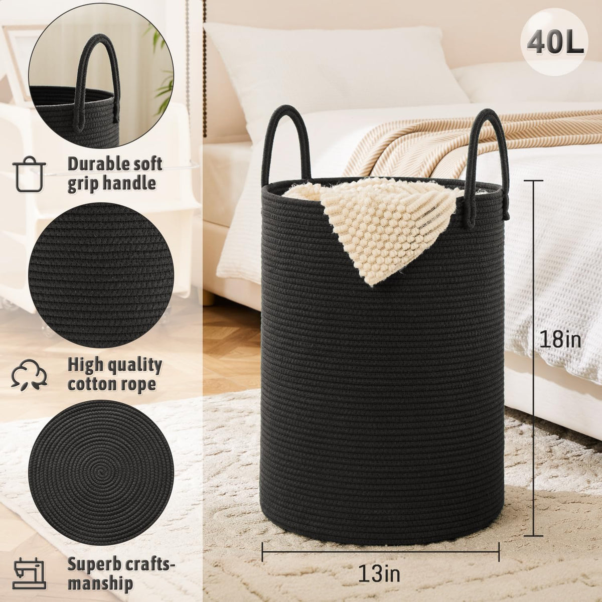 Laundry Basket,Woven Cotton Rope Laundry Hamper,40L for Decorative Storage of Dirty Clothes,Toys