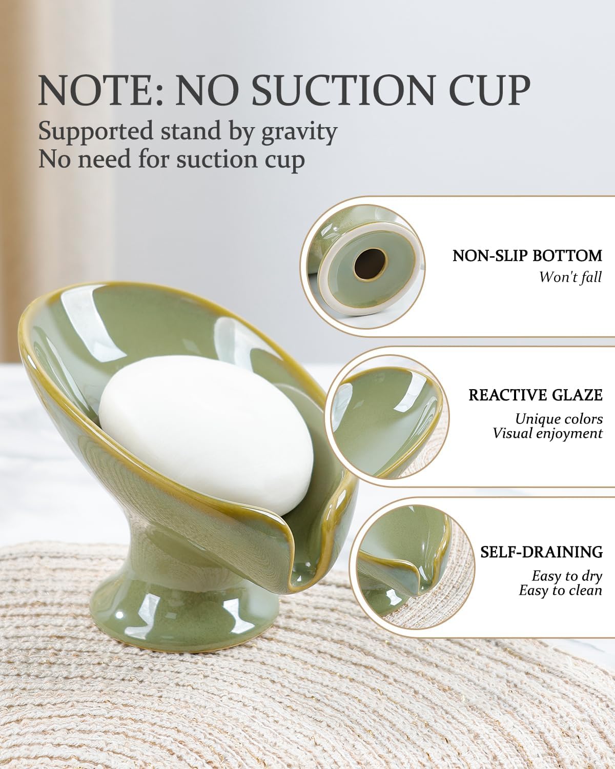 Soap Dish, Self Draining Bar Soap Holder for Bathroom Sink, Leaf Shaped Drainage Ceramic Olive